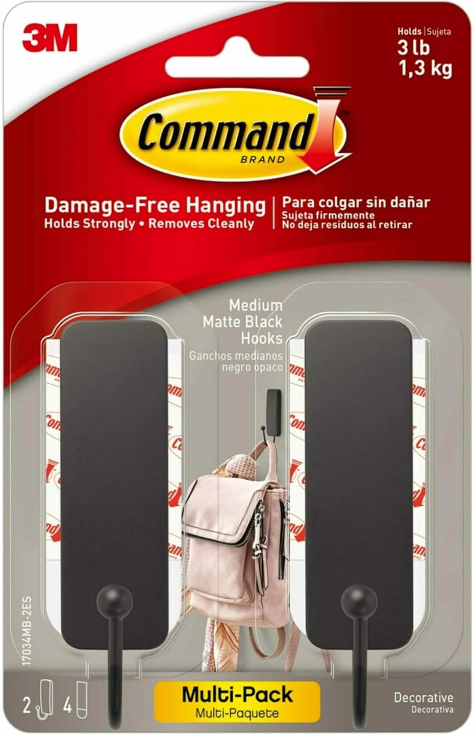 Command Medium Matte Black Wall Hooks, 2 Hooks and 4 Command Strips, Damage Free Hanging Wall Hooks with Adhesive Strips, Coat Hooks for Hanging Christmas Decorations, Holds up to 3 lb