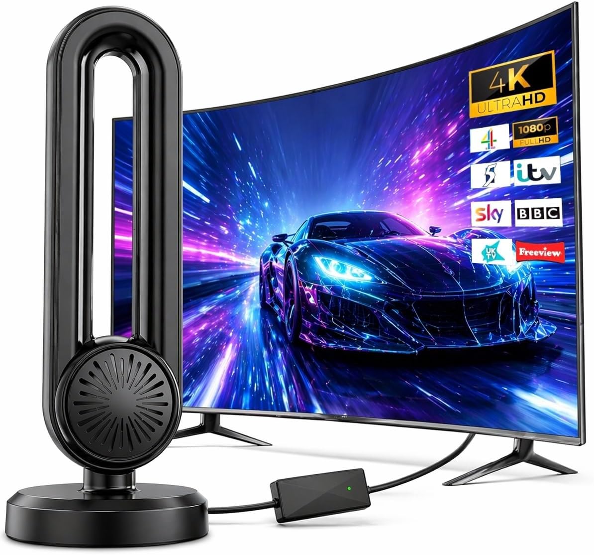 Indoor TV Aerial, 2026 Digital TV Ariels Indoor 350+ Miles Long Range with Signal Booster for Freeview, Amplified Digital TV Antenna 4K 1080P HD with 9.8Ft Long Cable