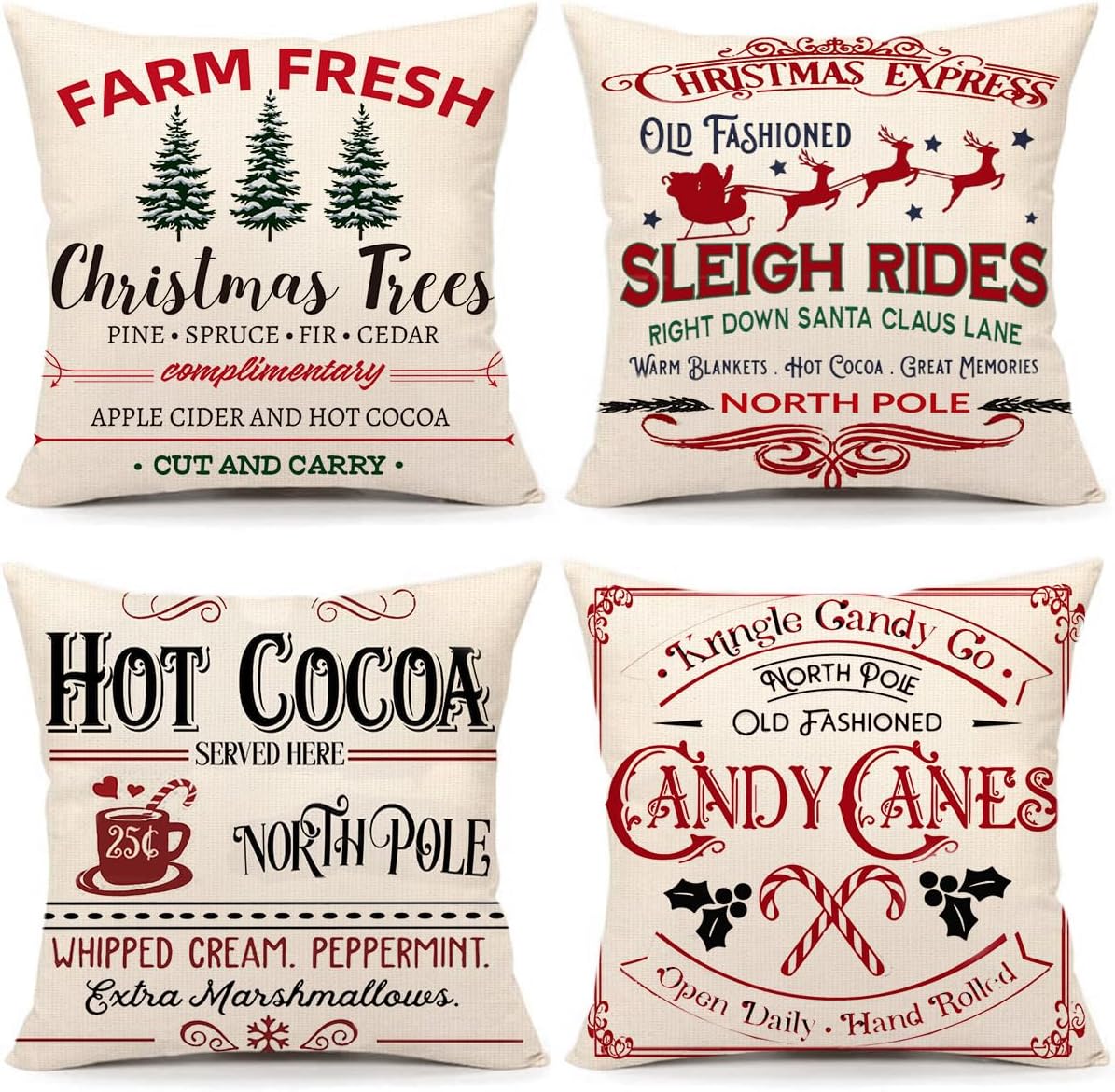 AOKE Farmhouse Christmas Pillow Covers 18x18 Set of 4 Winter Holiday Decorations Xmas Rustic Throw Cushion Case for Sofa Couch Home Decor (Sleigh Rides, Farm Fresh Tree, Cocoa, Candy Canes)