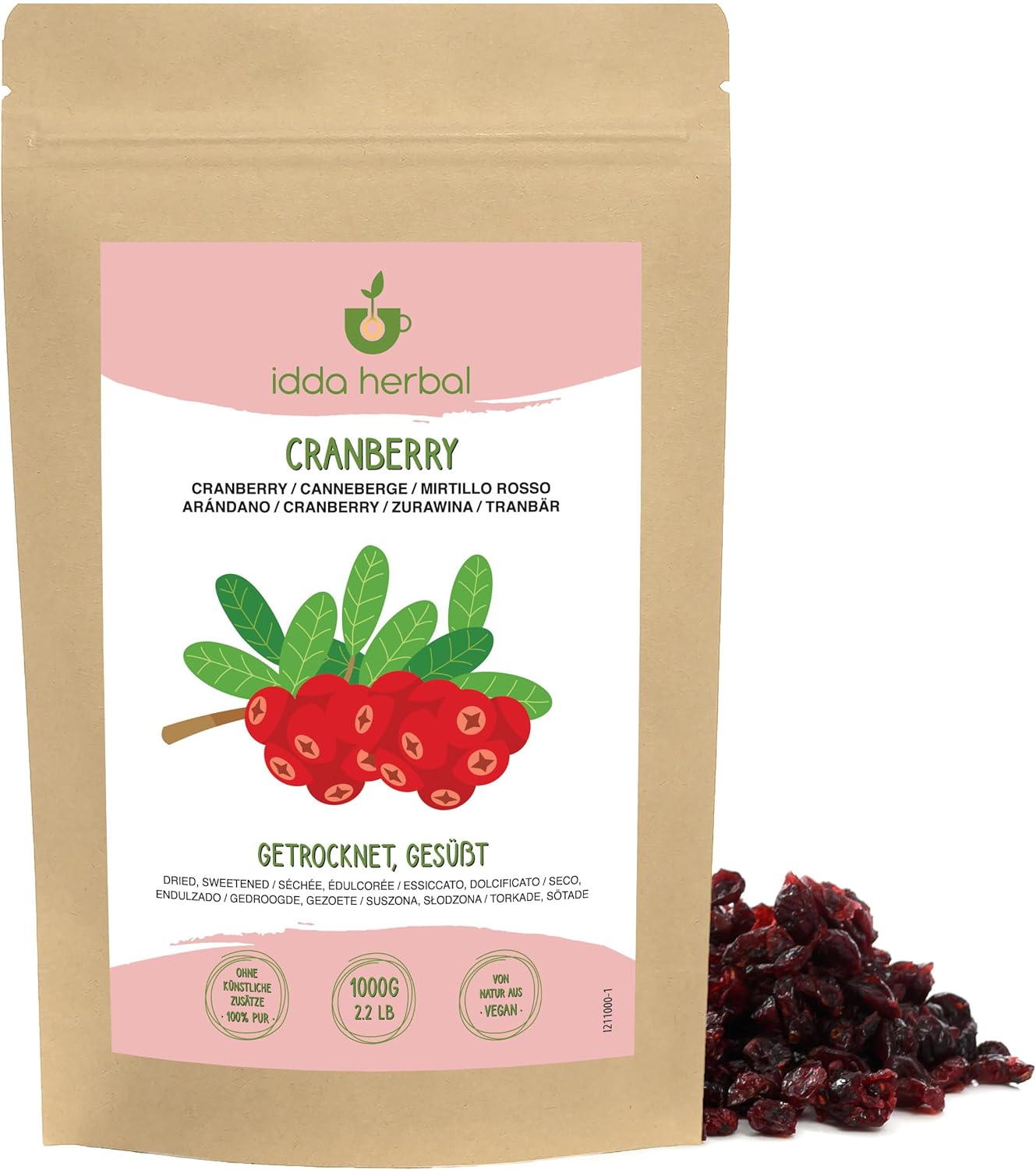 Dried Cranberries (1kg, 2.2lb), Whole Cranberries, Sweetened with Apple Juice, Soft and Chewy, Ready to Eat Fruit Snack, Vegan