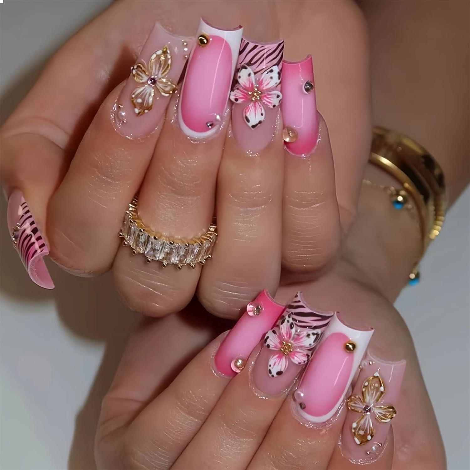 GlamRays Pack of 24 Y2K Pink Leopard Flowers 3D Glitter Stripes Long Coffin Nail Tips, Chic Sticky False Nail for Press On, Suitable for Women and Girls