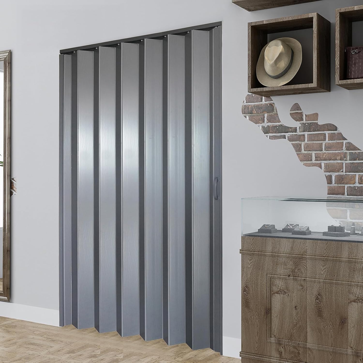 DIYHD 48X80in Interior Folding PVC Accordion Door,Grey,Include Door and Mounting Hardware,Handle,Latch,Folded Width 5-7/8"