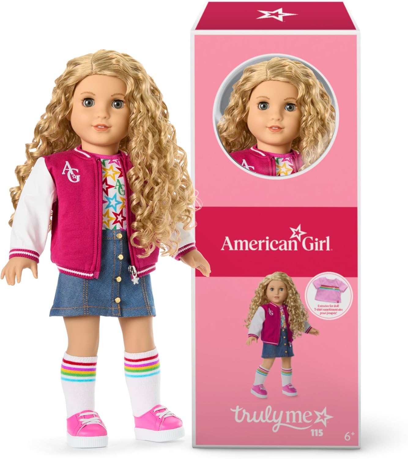 American Girl, Truly Me 18-inch Doll #115 with Gray Eyes, Curly Blonde Hair, Light Skin, Varsity Jacket, for Ages 6+
