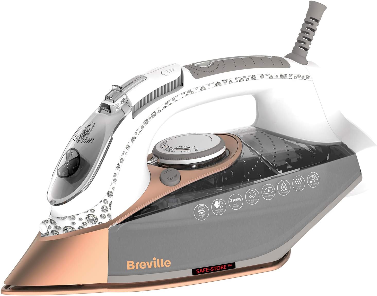 Breville DiamondXpress Steam Iron | 3100 W | 200G Steam Shot | Multi-Directional Diamond Ceramic Soleplate | 400 ml Easy-Fill Water Tank White & Rose Gold | VIN401