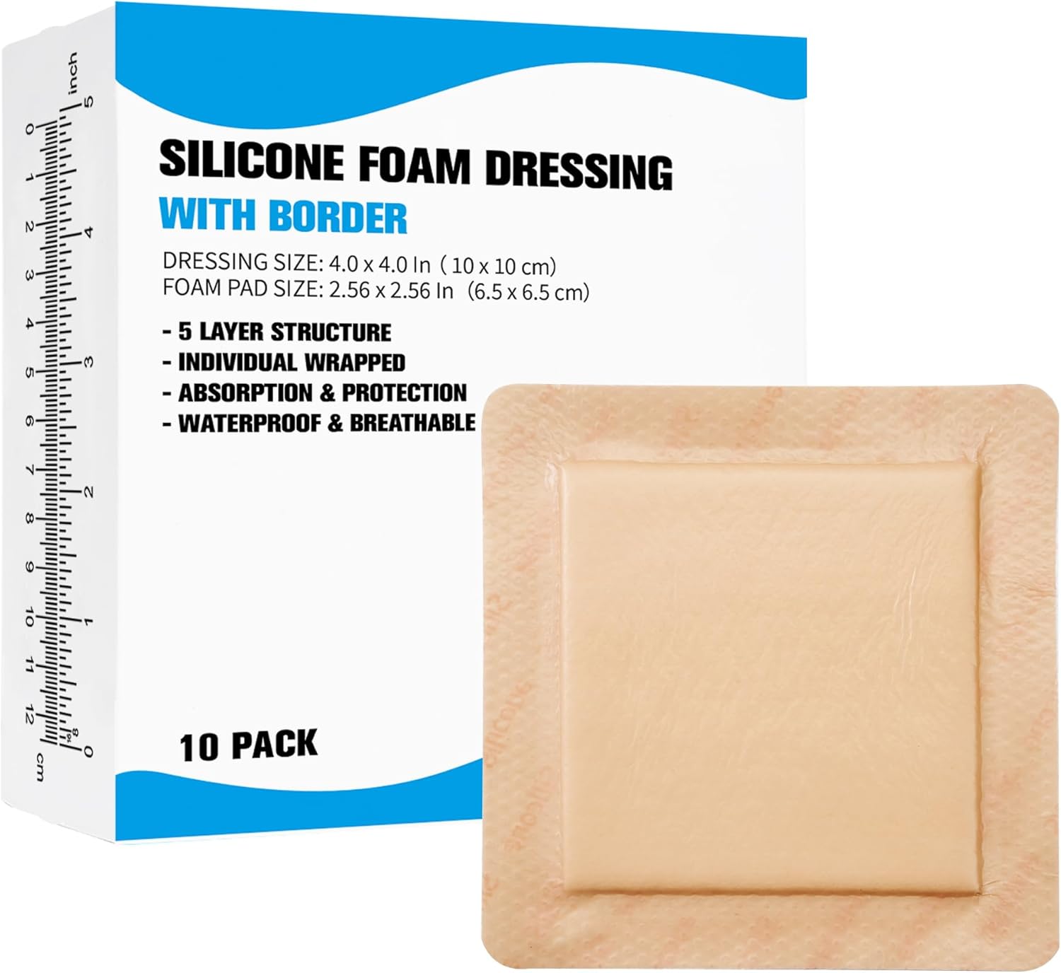 4''x4'' Silicone Foam Dressings with Border 10 Pack, Waterproof Self-Adhesive Bandage Pads, Wound Care Dressing for Bed Sore,Pressure Ulcers, Leg Ulcer
