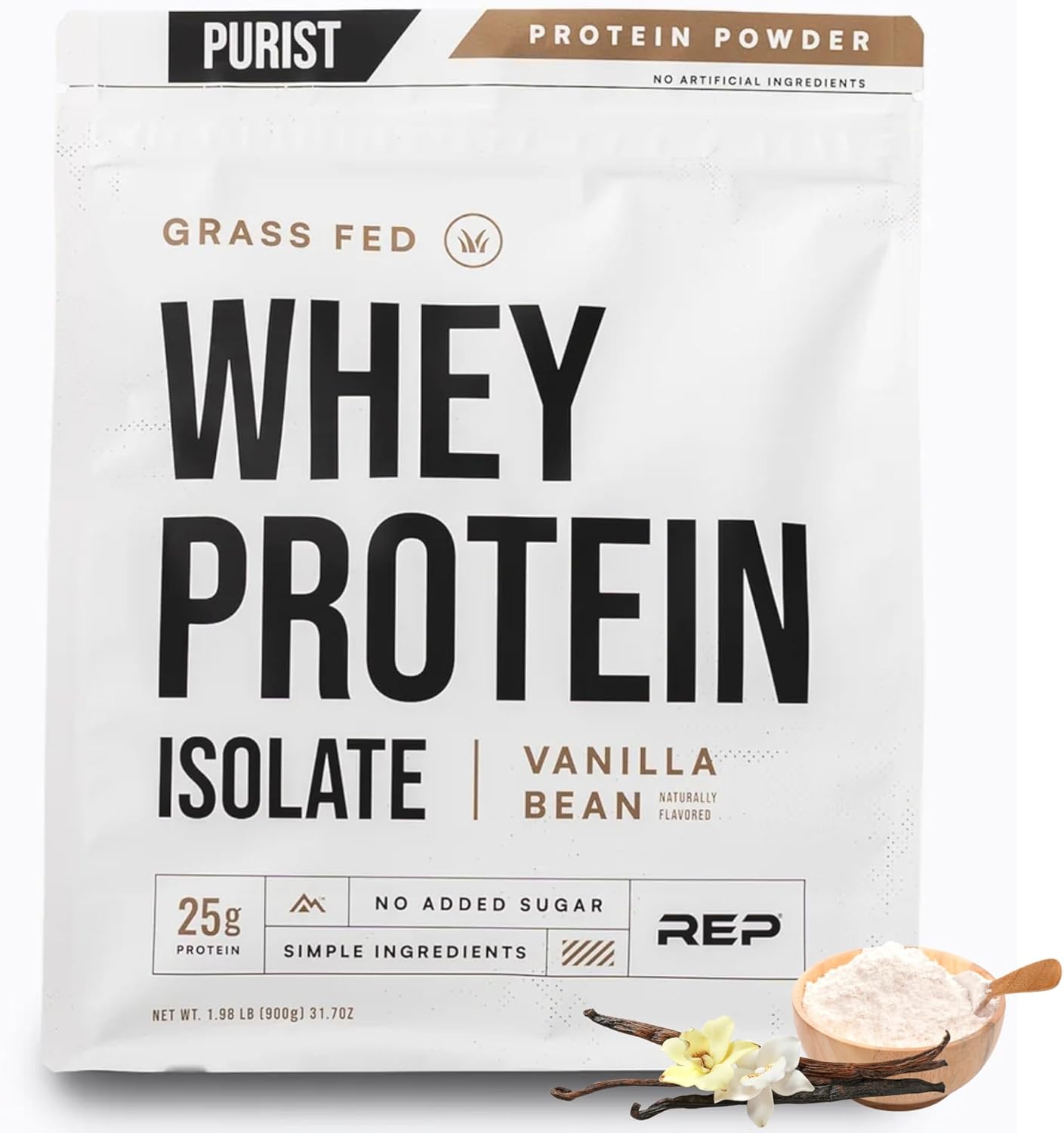 REP Purist Whey Protein Powder, Premium Vanilla Grassfed Isolate, Post-Workout Recovery, Keto Friendly, Clean Nutrition Meal Replacement, Promotes Lean Muscle, Sugar and Gluten-Free, Women Men, 2 Lb