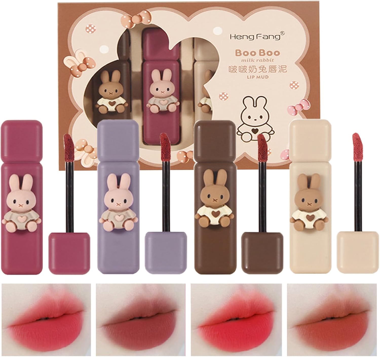 Domality 4pcs Bunny Rabbit Flavor Lip Gloss Set for Lips & Cheeks, 4 Colors Matte Velvet Mousse Liquid Lipstick, Soft Lightweight Smooth Lip Mud, Long Lasting Waterproof Lip Makeup Kit