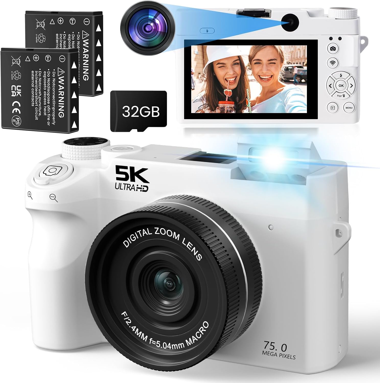 LAMA 5K 75MP Digital Camera with Dual Lens & Autofocus/18X Zoom/32G SD Card