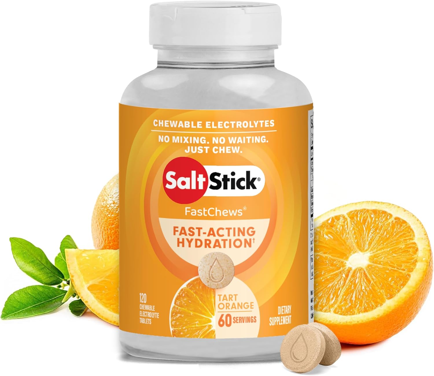 SaltStick Electrolyte FastChews - 120 Count Orange Flavor - Chewable Electrolyte Tablets for Hydration, Salt Tabs, Dehydration Relief