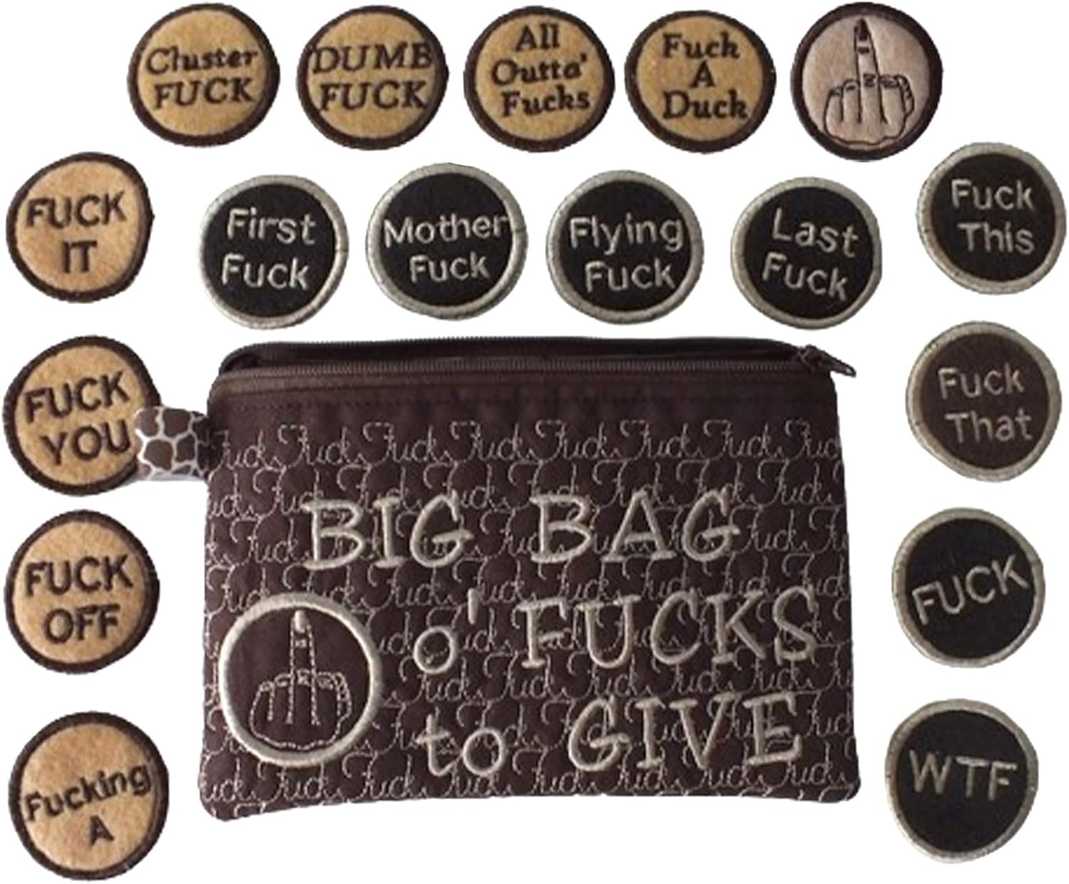 Big Bag of Fucks to Give Zipper Pouch - Fucks to Give Gag Gift, 9/17pcs Embroidery Fucks to Give Coins, Stress Relief Gadgets Funny Gifts for Friends Coworkers (Brown-17PCS)