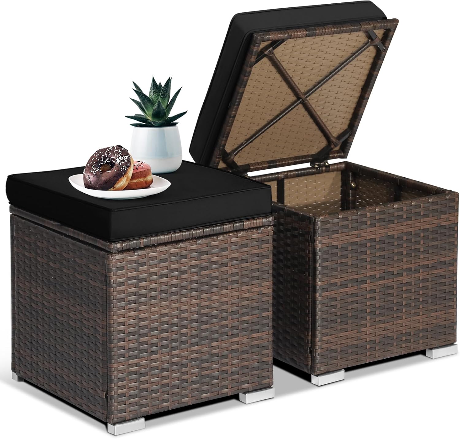ORALNER 16" Outdoor Ottoman, Set of 2 Wicker Ottoman with Storage, All-Weather Rattan Cube Footstool w/Removable Cushion Covers, Square Foot Rest Seating for Patio, Porch, Deck, Poolside (Black)