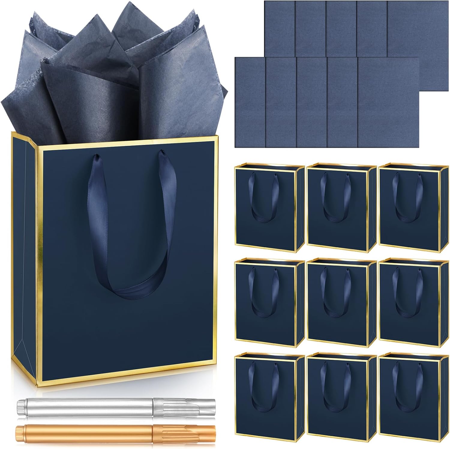 Yeaqee 10 Pack Metallic Paper Gift Bags with Handles Tissue Paper Thank You 5 Senses Gift Bags for Him Her Birthday Wedding Baby Shower Bridal Shower Groomsmen Favor 9 x 7 x 3. 15''(Navy Blue, Gold)