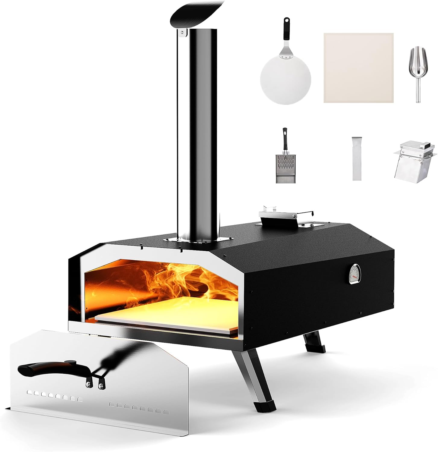 Outdoor Wood Fired Wood Pellet Pizza Oven Countertop, Portable, 12", Pizza Maker, Pizza Stone, Pizza Grill, Backyard, Outside, Black