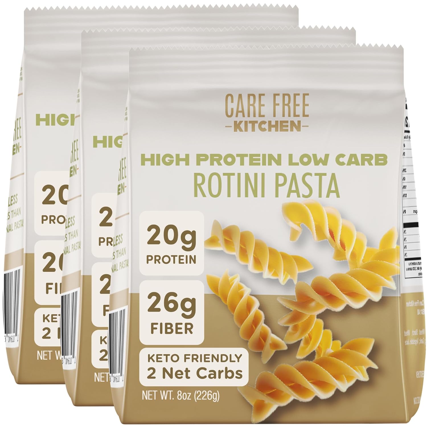 Care Free Kitchen Plain 3-Pack (8 oz. Bags) Rotini Keto Pasta Noodles, 20g High Protein, Low Carb 2g Net Carbs, 26g High Fiber