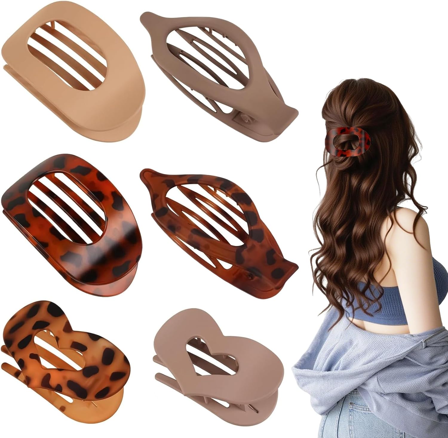 Flat Hair Claw Clips for Women - 6 Pack Lay Flat Hair Clips, Ergonomic Design,6 Matte Colors,Lightweight Non-Slip with Comb Teeth Strong Durable Strong Hold for All Hair Types(Leopard)