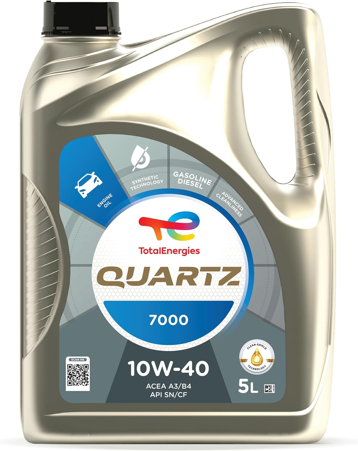 TotalEnergies Quartz 7000 10W40 Engine Oil - ACEA A3/B4, API SN/CF - Clean-Shield Technology - Synthetic Motor Oil Lubricant - 5L