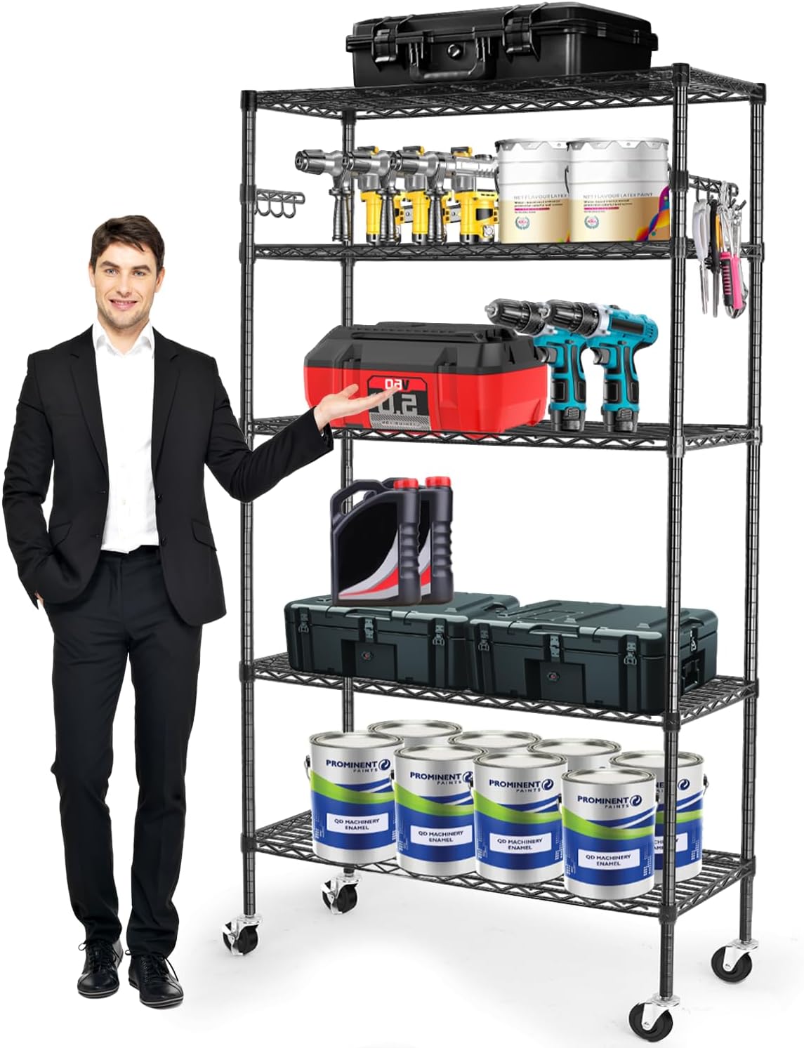 YNN Wire Shelving,1750Lbs Capacity 5 Tier Heavy Duty NSF Wire Shelf with Rolling Wheels Black Metal Storage Shelves Adjustable Wire Rack Unit 36" W x 14" D x 72" H for Kitchen Bathroom Garage Closet