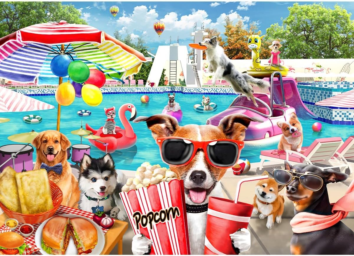 HUADADA Jigsaw Puzzles for Adults 1000 Pieces, Dogs Pool Party Interlock Perfectly No Dust, Home Decors Family Challenge Toys for Men Women Elders Seniors (27.5"x19.6"), 1:1 Poster
