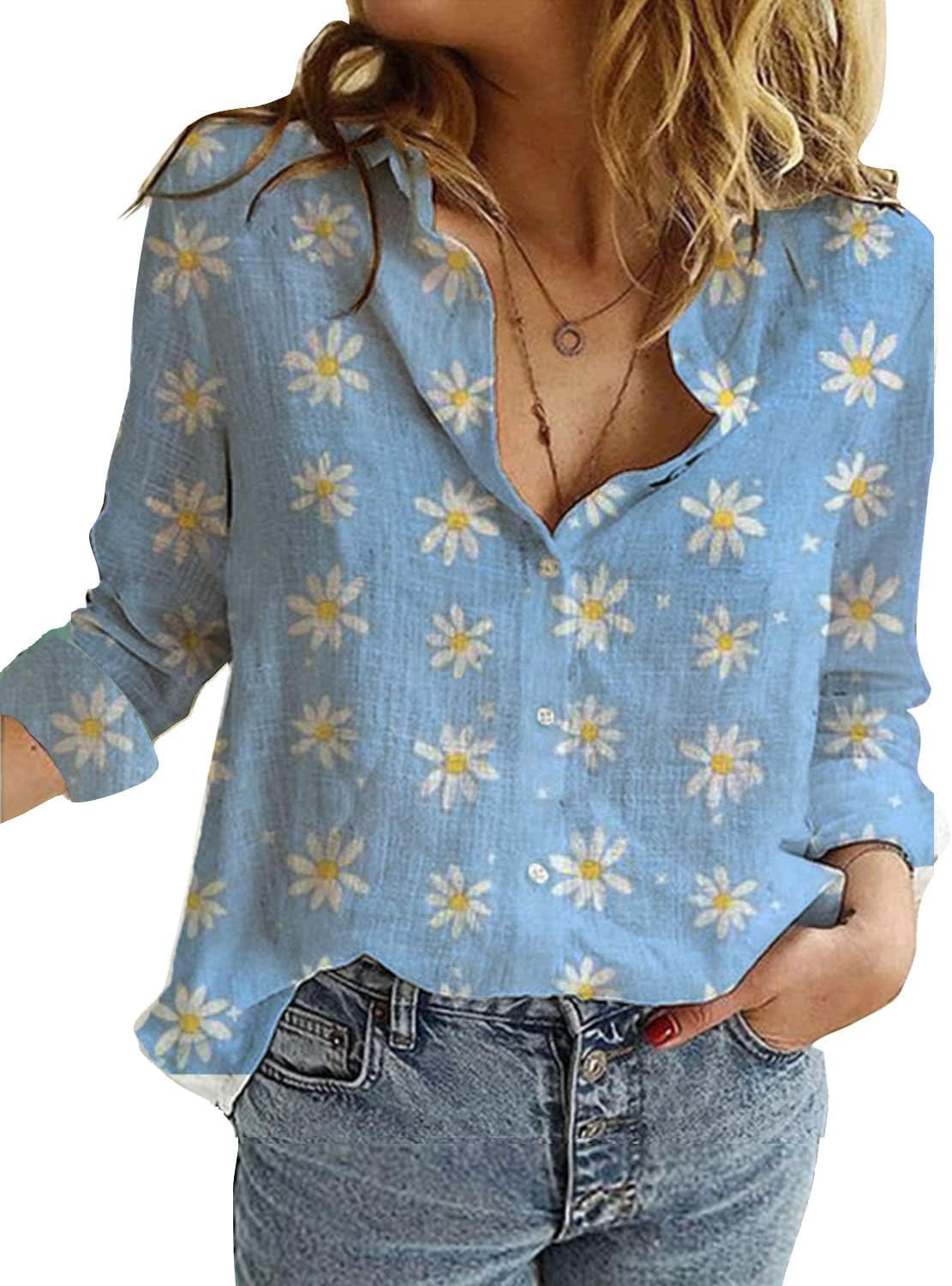 Livonmone Womens Blouse Casual Long Sleeve V Neck Shirts Tops Button Down Basic Loose Tunic T Shirts