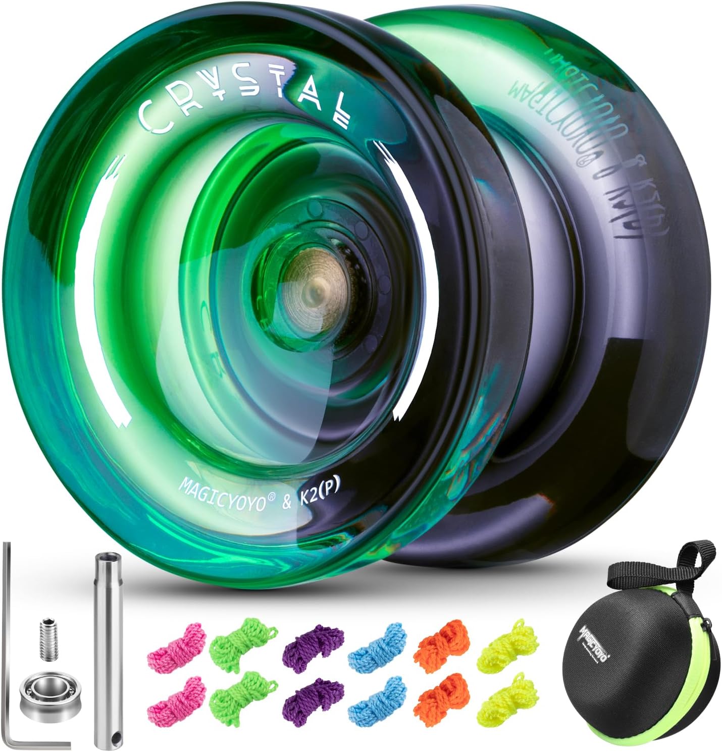 MAGICYOYO Crystal Yoyo K2 Age 8+ for Kids, Responsive and Unresponsive Yoyo Ball, Magic Trick Yo Yo for Beginners and Adults, Dual Purpose Yo-yo with 12 Strings, Case, Accessory Kit (Black Green)