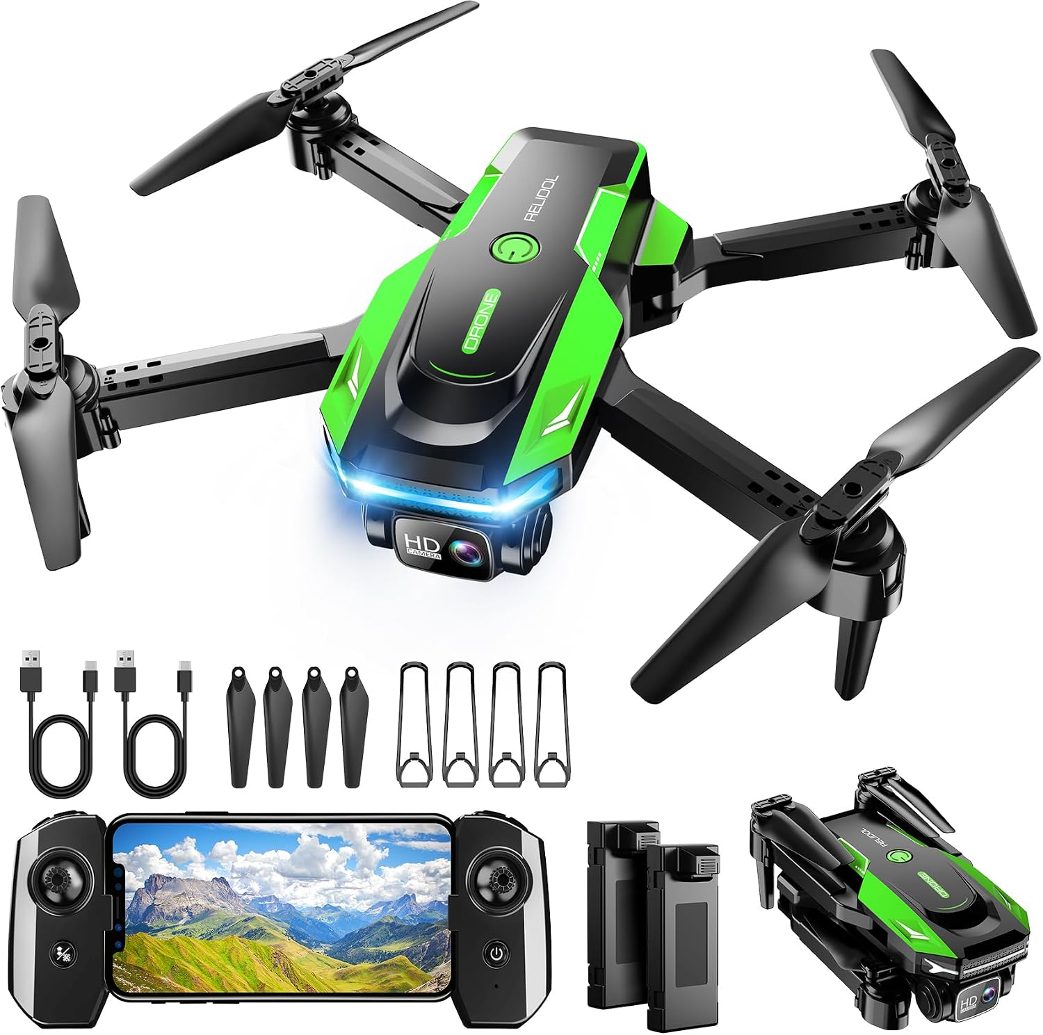 Drone with 1080P Camera - Foldable Remote Control Quadcopter with Gesture Control, 3D Flip, One Key Start, Emergency Stop, 2 Batteries, Easier to use, Toy for Adults Beginners, Green