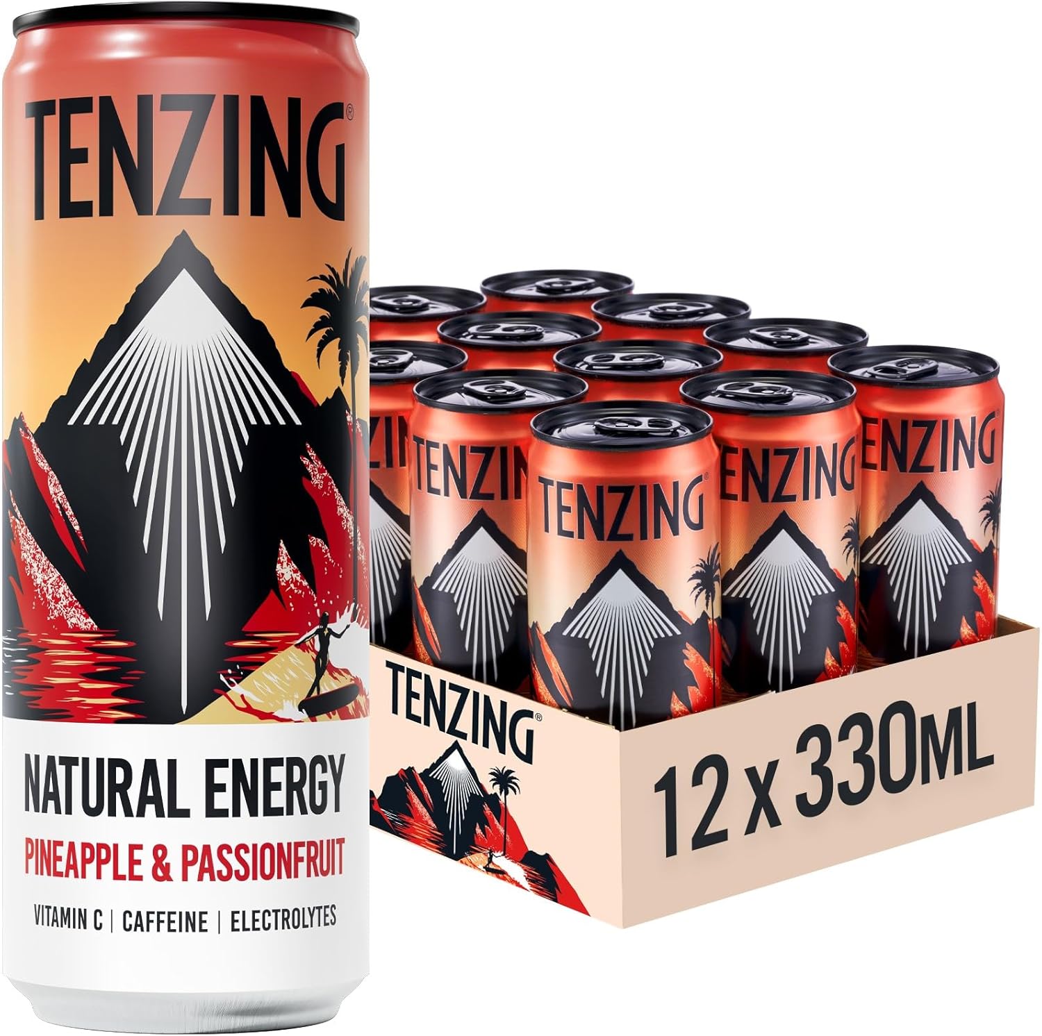 TENZING Natural Energy Drink, Plant Based, Vegan, & Gluten Free Drink, +BCAA, Pineapple & Passionfruit, 330ml (Pack of 12) - Packaging may vary
