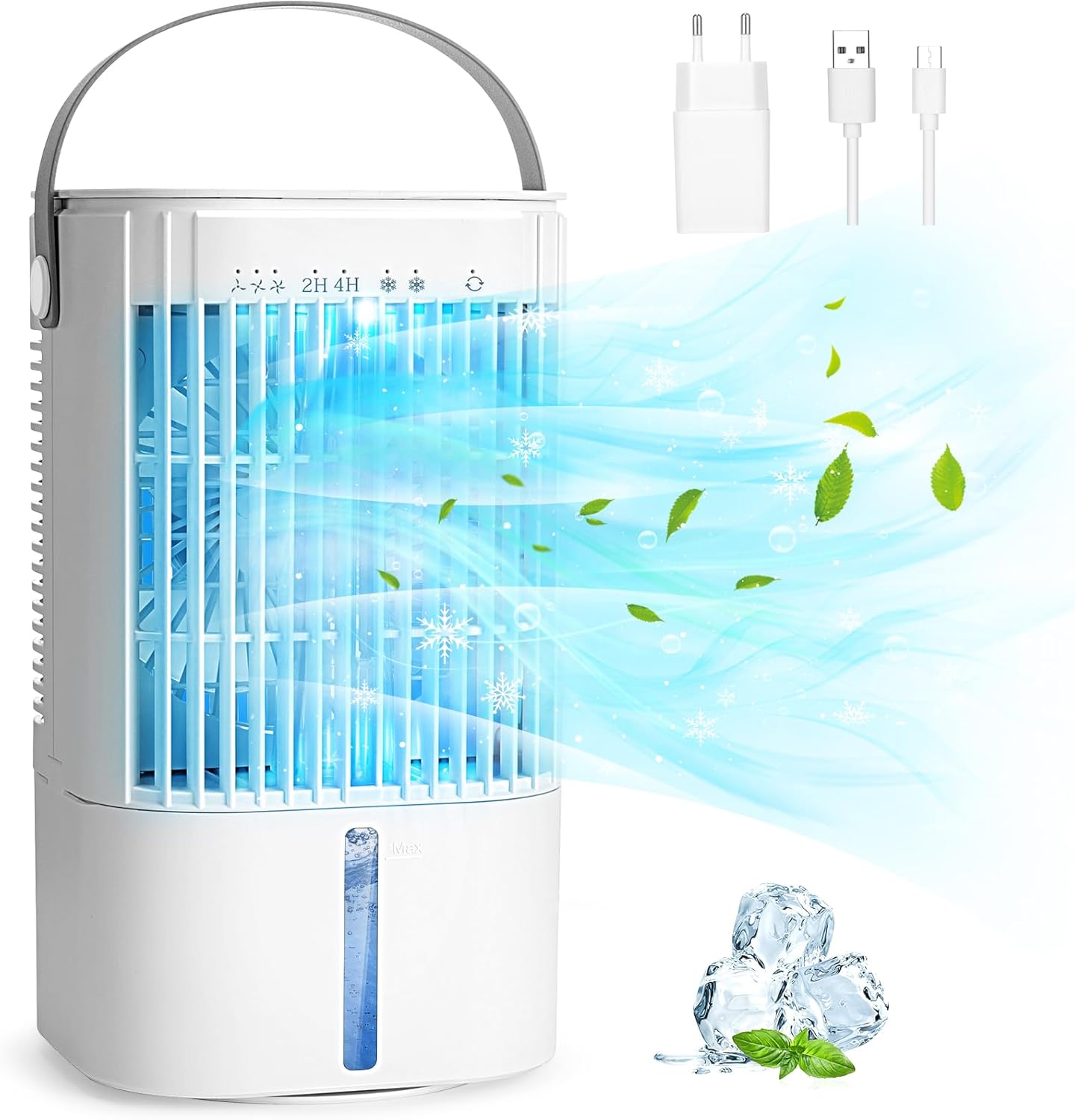 RenFox Portable Air Conditioner, Mini Air Cooler, USB 5 in 1 Desktop Evaporative Personal Air Conditioning, 3 Speeds & 7 LED Lights & 2 Spray Mist & Timer Air Cooling Fan for Home Office Dorm Indoors