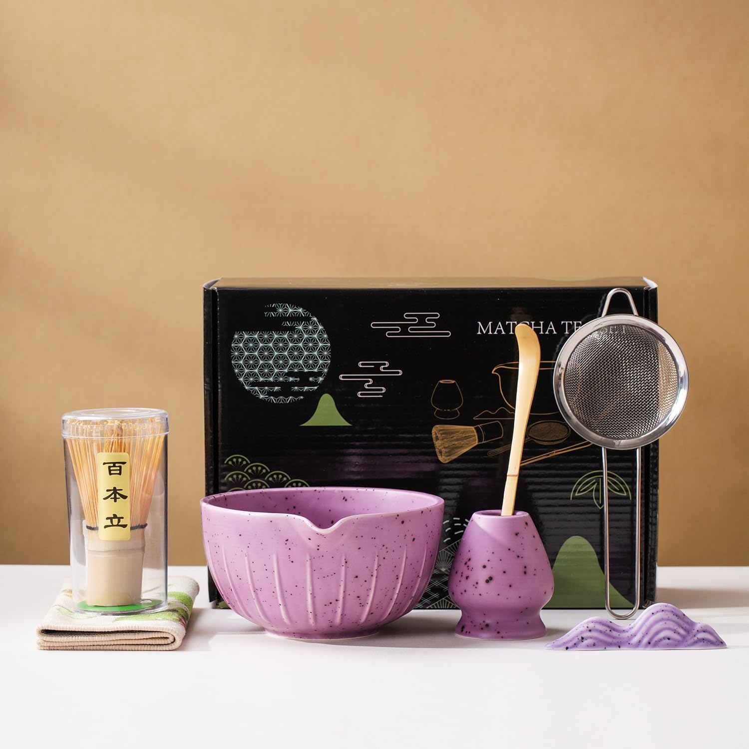 7Pcs Japanese Matcha Tea Set, Matcha Kit with Matcha Bowl (with Pouring Spout), Matcha Whisk, Whisk Holder, Strainer - Elegant Matcha Set for Gifting and Personal Use, Gift Box Packaging (Purple;)
