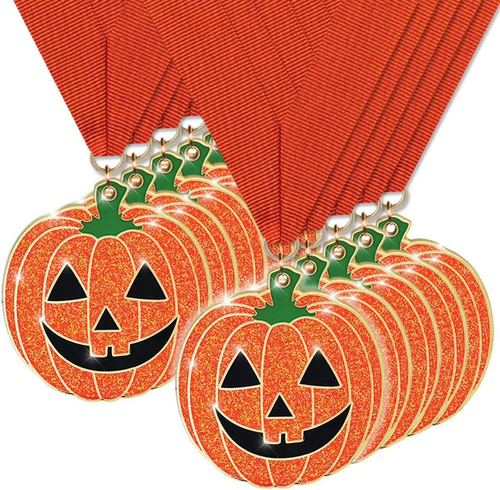 Glitter Halloween Pumpkin Medals Value Pack with Orange Ribbon, 2.25" Halloween Medal Awards & Trophy Medals