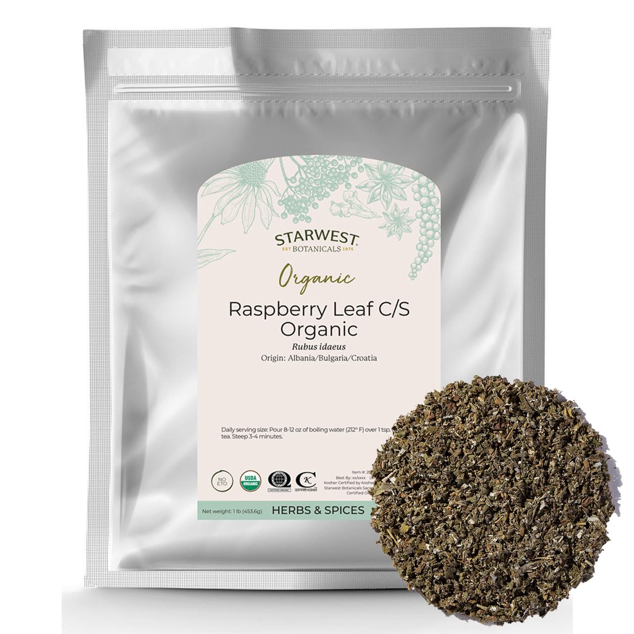 Starwest Botanicals Organic Raspberry Leaf Tea [1 Pound Bag] Loose Cut & Sifted Raspberry Leaves in Bulk