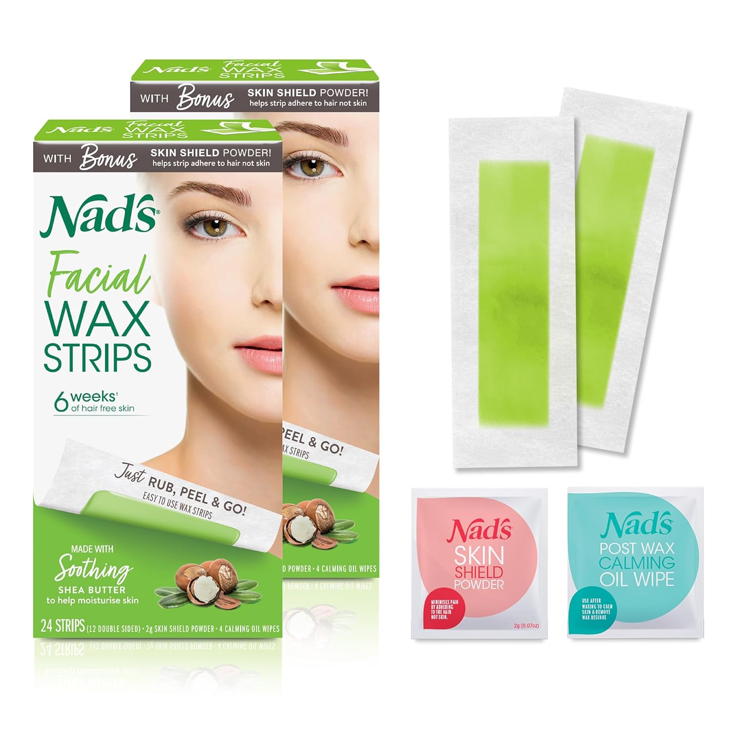Nad's Facial Wax Strips - Facial Hair Removal for Women - Waxing Kit With 48 Face Wax Strips + 8 Calming Oil Wipes + Skin Protection Powder