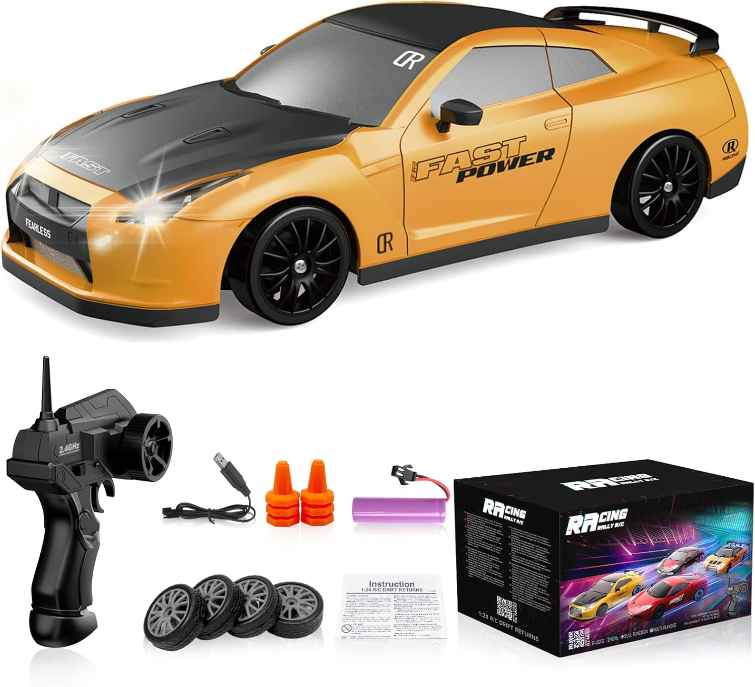Remote Control Car RC Drift Car 2.4GHz 1:24 Scale 4WD High Speed RC Cars Vehicle with LED Lights Batteries and Drifting Tires Racing Sport Toy Cars for Adults Boys Girls Kids Gift