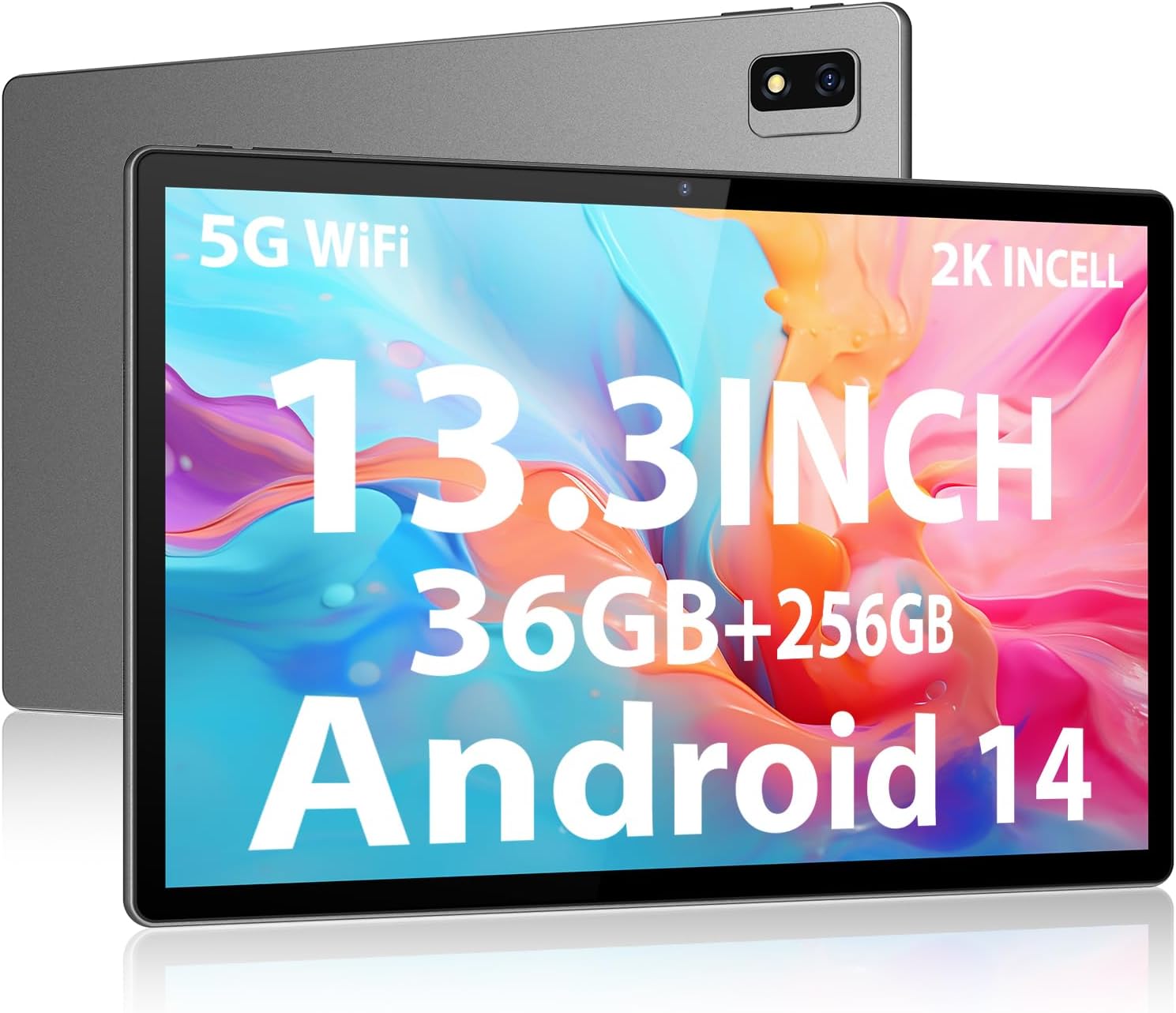 LINROM 2K Tablet 13.3 INCH e 5G WiFi, Android 14.0, INCELL 2000 * 1200, 11580mAh, 36GB RAM, 256GB ROM (2TB Expansion), Octa-Core 2.0GHz, 13MP+8MP, Tablet with Case/GPS/Bluet 5.0, Grey