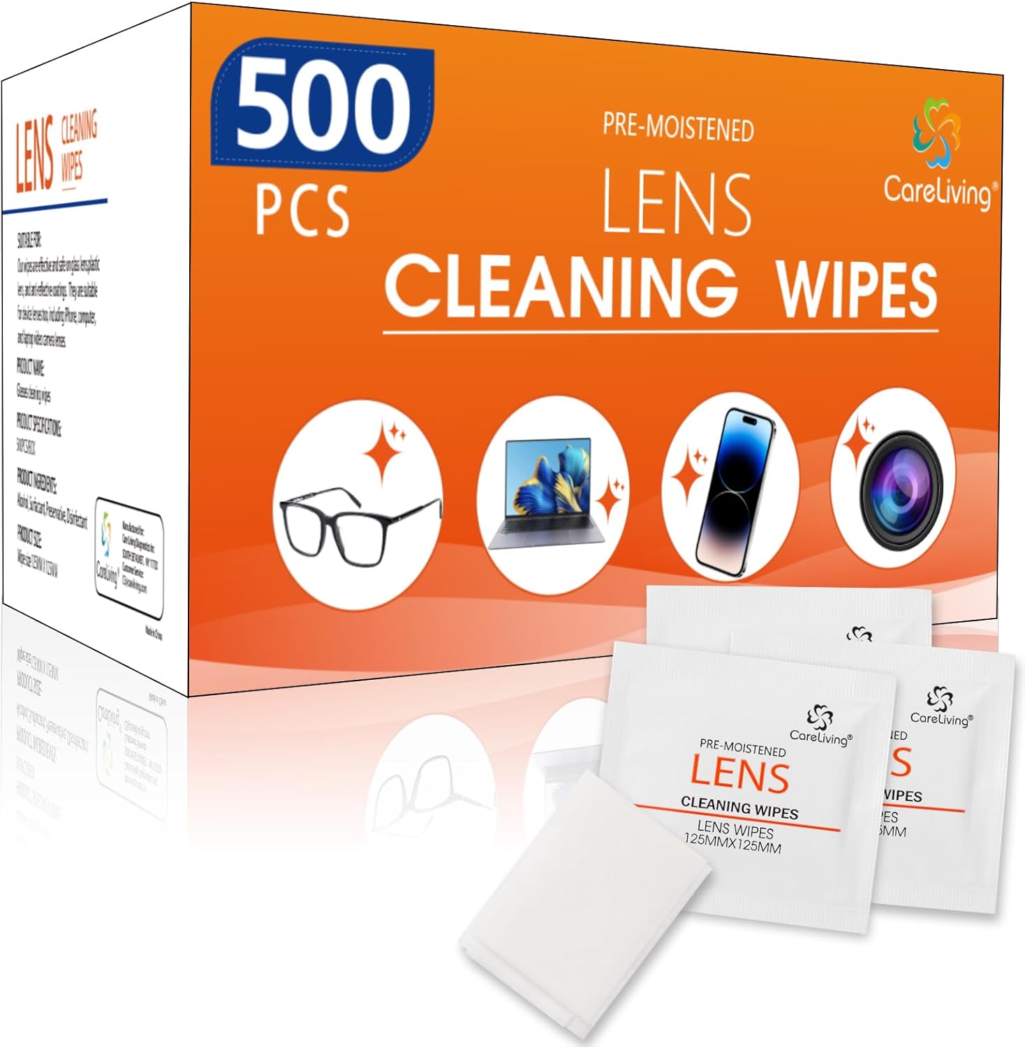 500 Count Lens Cleaning Wipes for Eyeglasses, Pre-moistened Individually Wrapped Sracth-Free Streak-Free Eye Glasses Cleaner Wipes for Sunglass, Camera Lens, Goggles