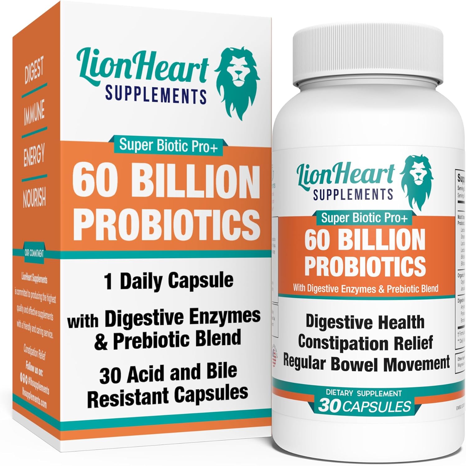 60 Billion Probiotic Supplement - Digestive enzymes with probiotics and organic prebiotics - Constipation relief for Adults - Bowel movement supplements - Ideal for Easing IBS - 30 Caps