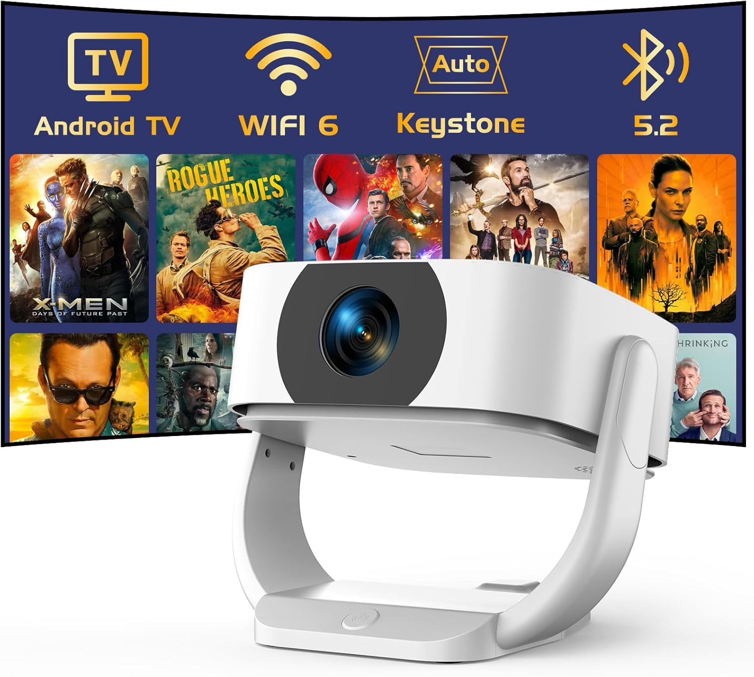 【Built-in Apps】Android Smart Projector with Electric Focus & Auto Keystone, Native 1080P Movie Projector with WiFi and Bluetooth, 270° Rotatable Portable Outdoor Projector for Phone/Laptop/HDMI/USB