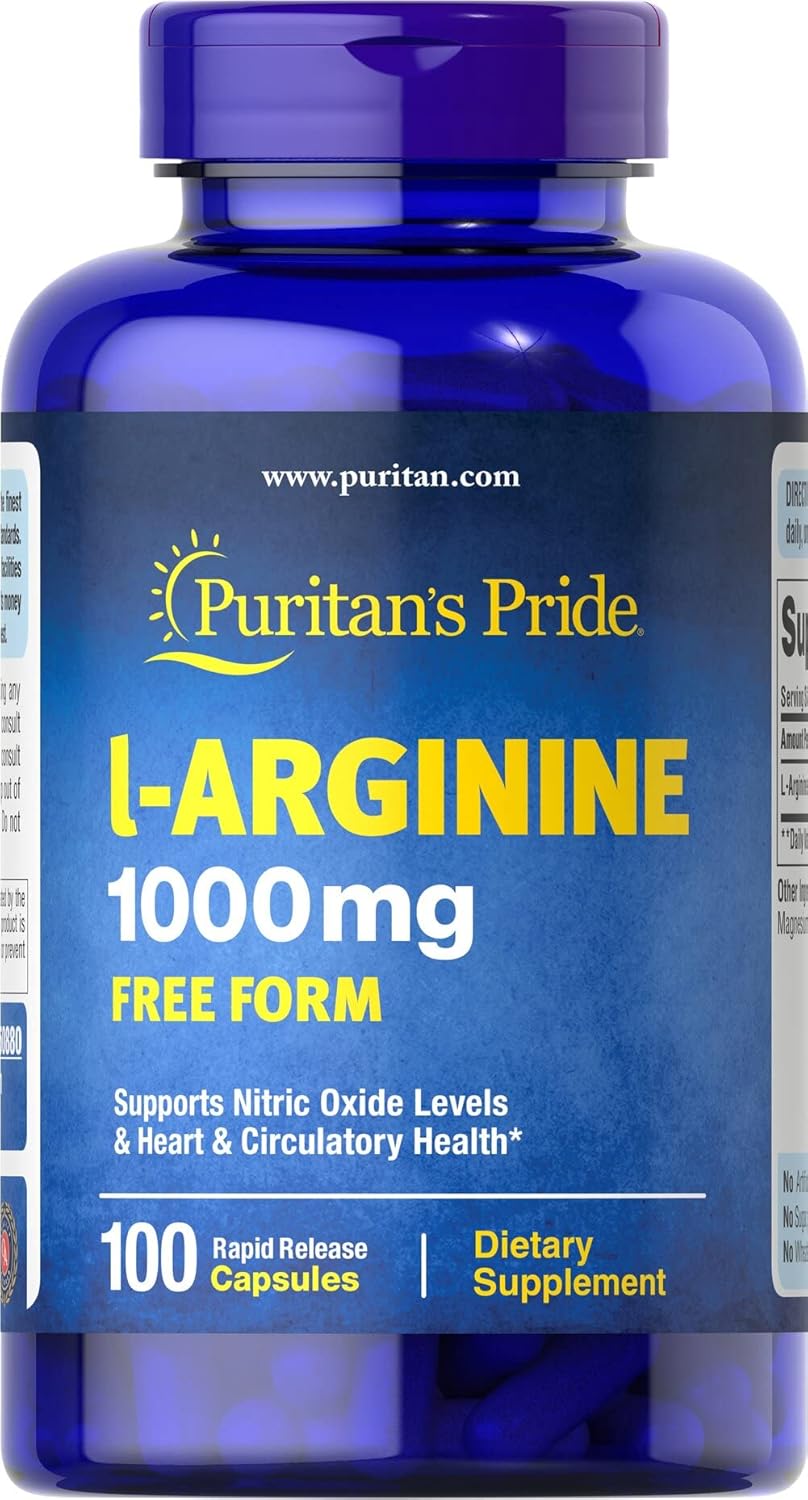 Puritan's Pride L-Arinine 1000mg, Dietary Supplement Supports Nitric Oxide Levels and Heart and Circulatory Heath, 100 Day Supply, 100 Tablets