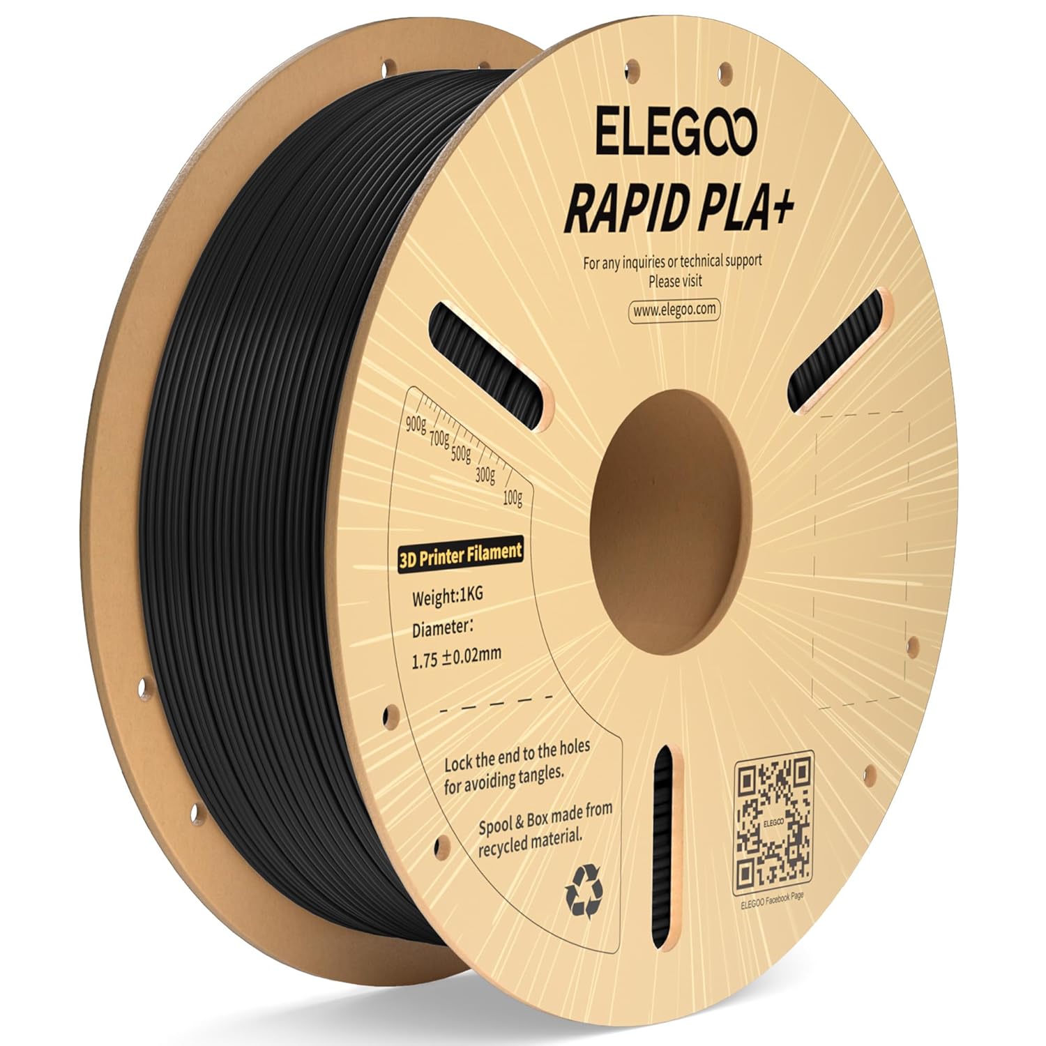 ELEGOO Rapid PLA Plus Filament 1.75mm Black 1KG, PLA+ 3D Printer Filament Up to 600 mm/s High Speed Printing, Dimensional Accuracy +/- 0.02 mm, 1kg Cardboard Spool(2.2lbs)