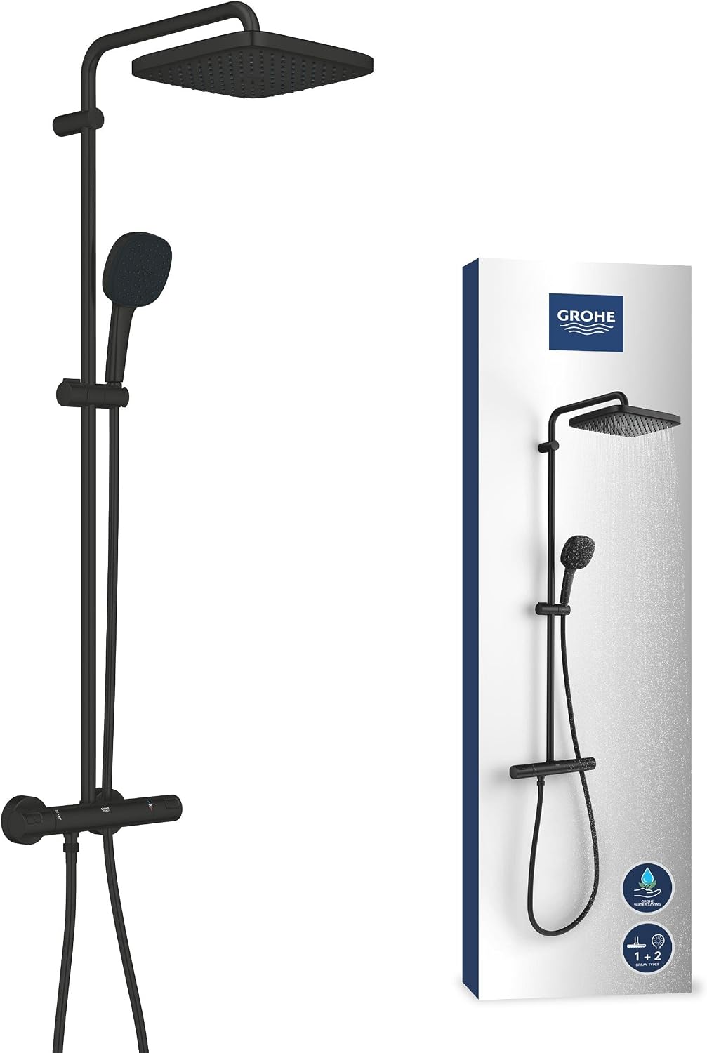 GROHE Vitalio Comfort 250 – Exposed Thermostatic Shower System with Aquadimmer Function (Square 25 cm Head Shower 1 Spray, 11 cm Hand Shower 2 Sprays, Hose 1.75 m, Water Saving), Matt Black, 266962431