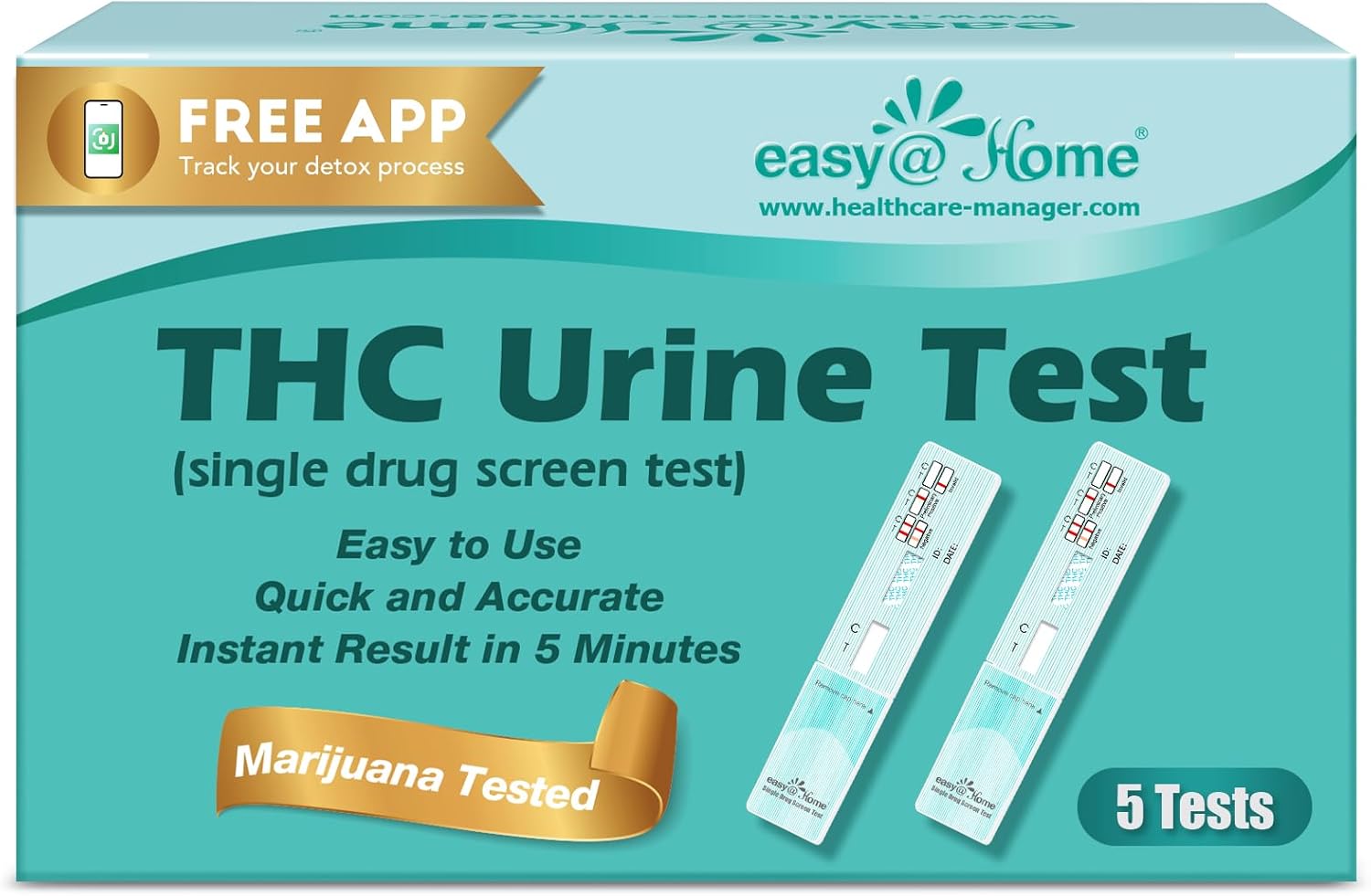 Easy@Home THC Drug Test Kit [5 Pack] - Marijuana Urine Drug Tests, Home Use Weed Detox 50ng/ml Cutoff Level Testing Kits, Single Panel THC Screening for Urine, #EDTH-114