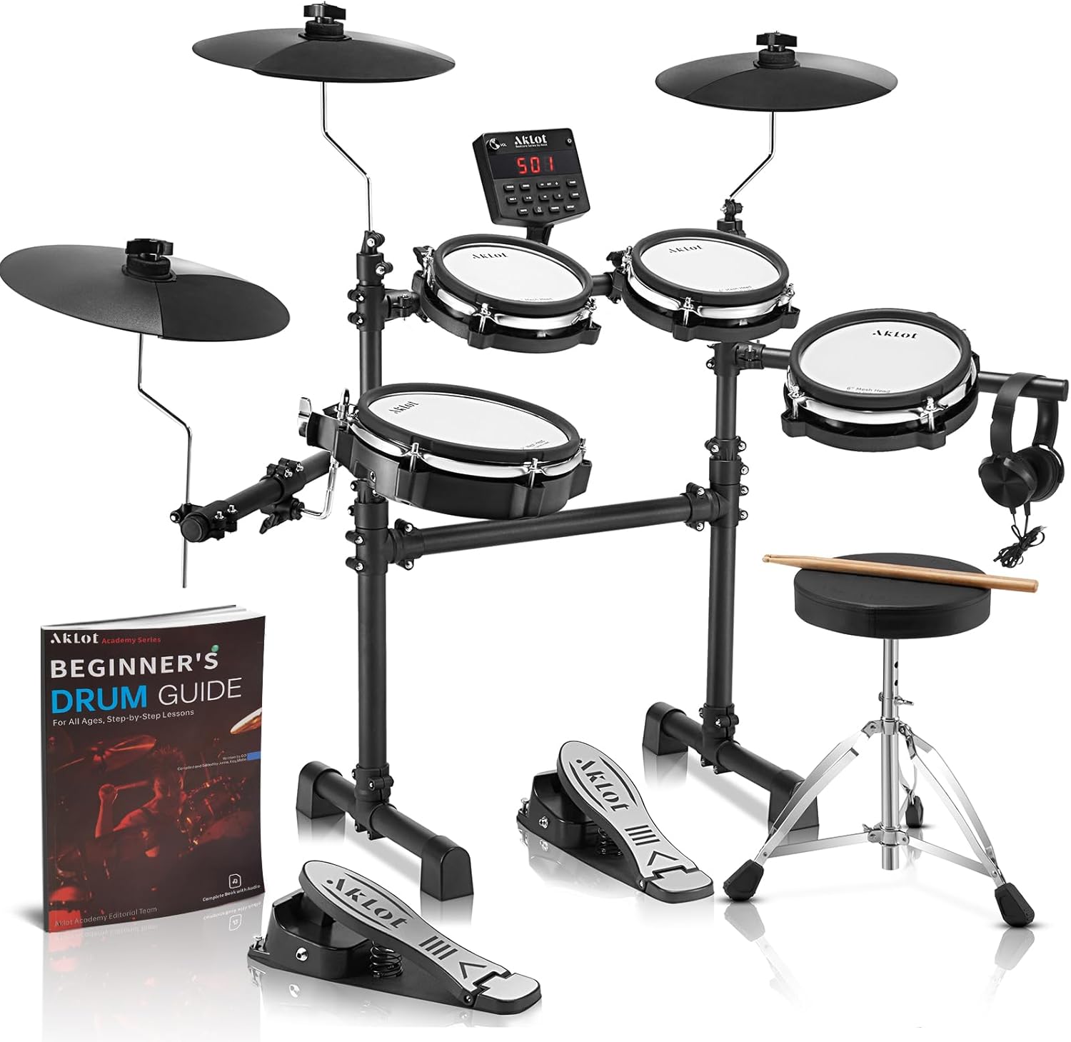 AKLOT B-CORE530 Electric Drum Set: Dual-Zone Quiet Mesh Drum Pads, 10’’ Dual-Trigger Cymbals, Height-Adjustable Rack, 360 Sounds, USB MIDI, Lesson Book, Throne, Sticks, Headphones