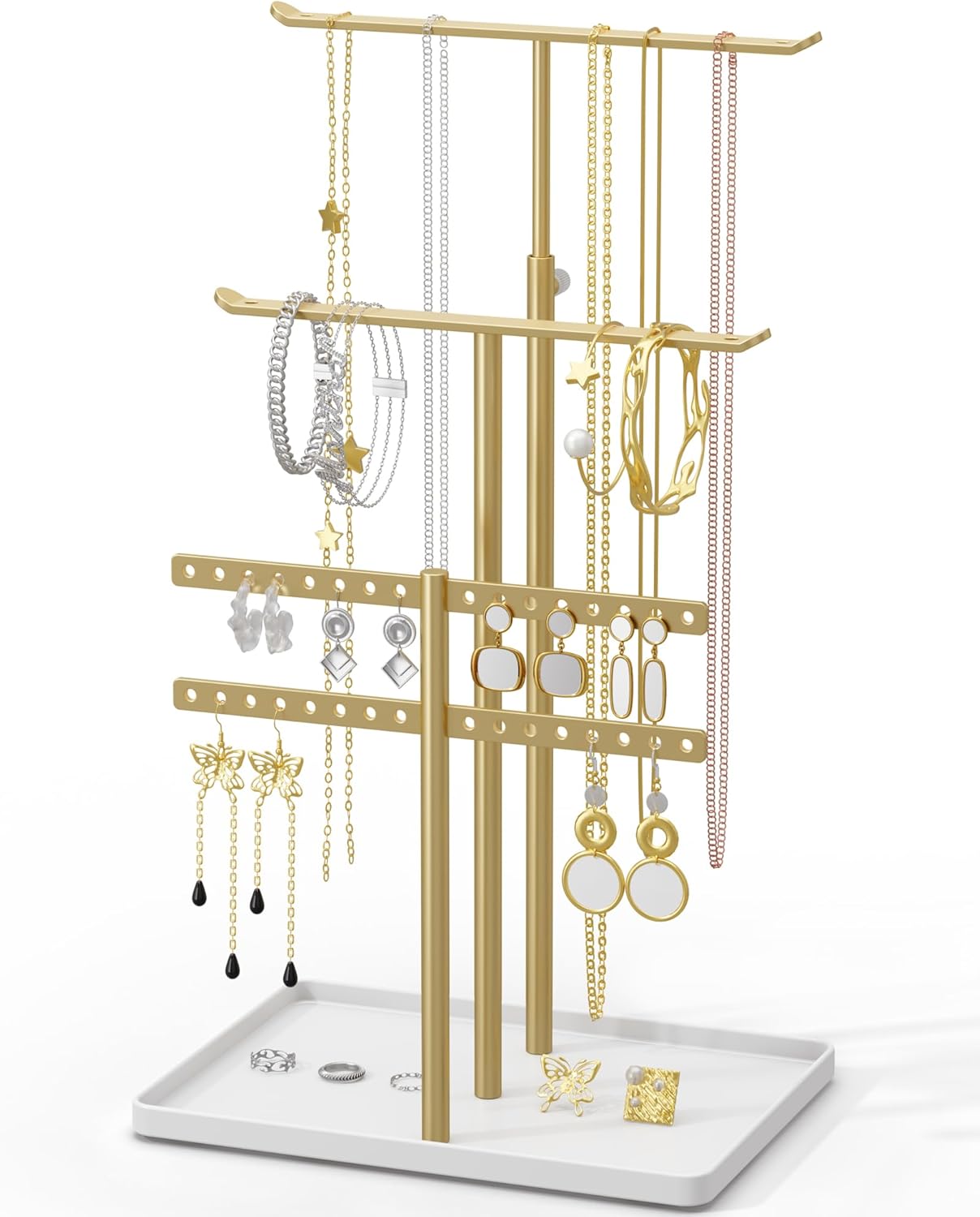 Jewelry Holder Organizer Stand - Adjustable Jewelry Tree 17.5" Height (Max), Jewlery Hanger for Necklaces, Bracelets, Earrings, Aesthetic for Storage and Display, Metal, Gold and White