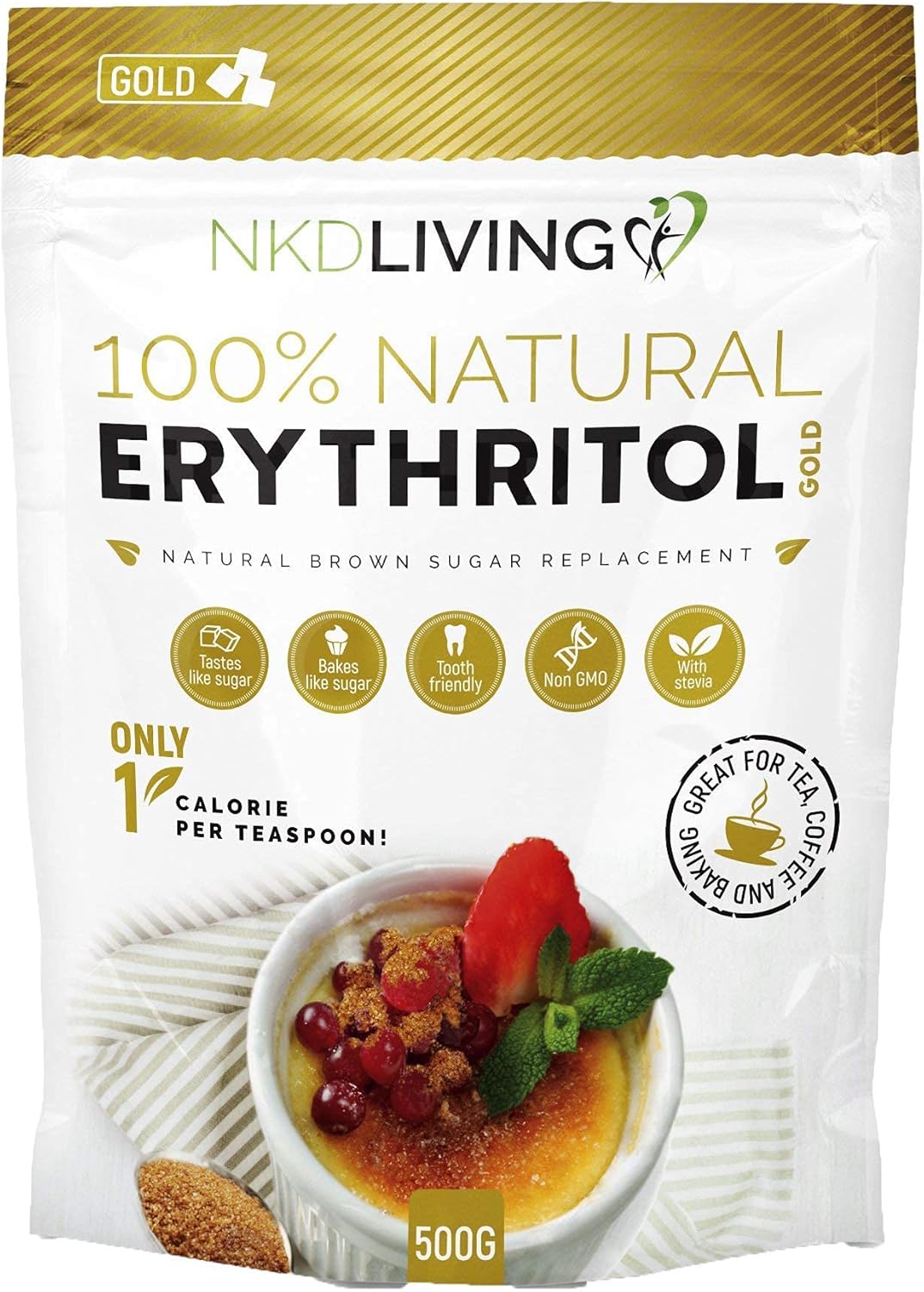 NKD Living Erythritol Gold 500g - Natural Brown Sugar Alternative with Stevia