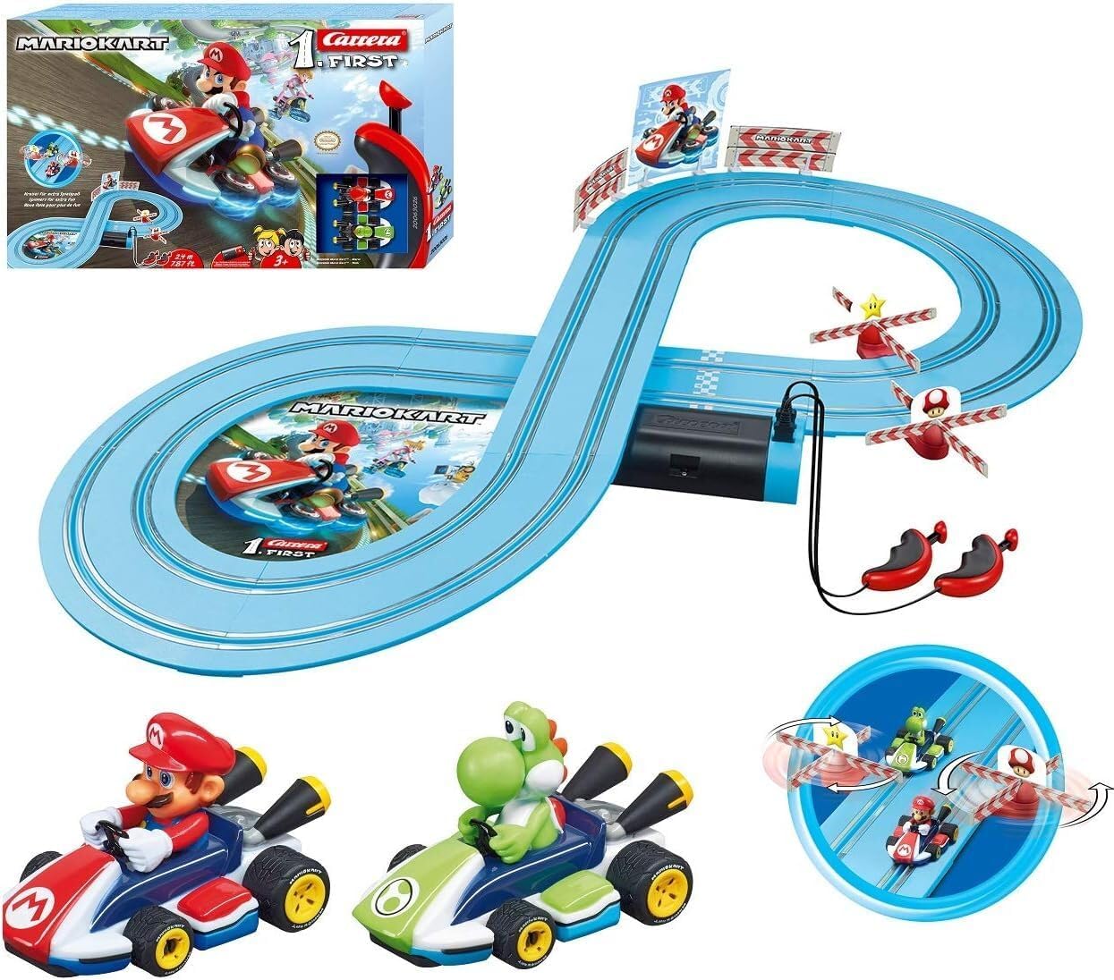 Carrera First Mario Kart - Slot Car Race Track with Spinners Includes 2 Cars: and Yoshi Battery-Powered Beginner Racing Set for Kids Ages 3 Years Up