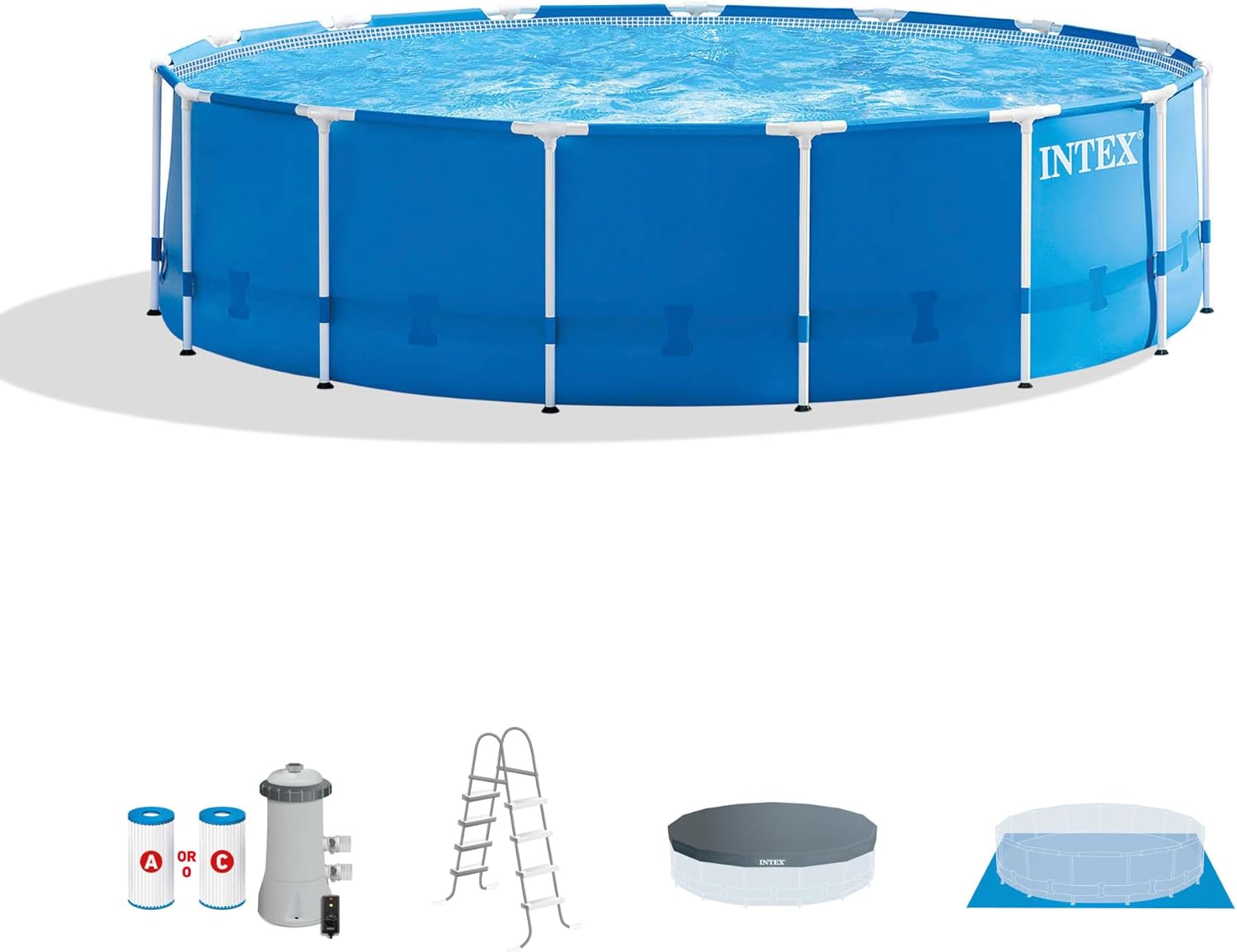 Intex 28241EH Metal Frame Above Ground Swimming Pool Set: 15ft x 48in – Includes 1000 GPH Cartridge Filter Pump – Removable Ladder – Pool Cover – Ground Cloth