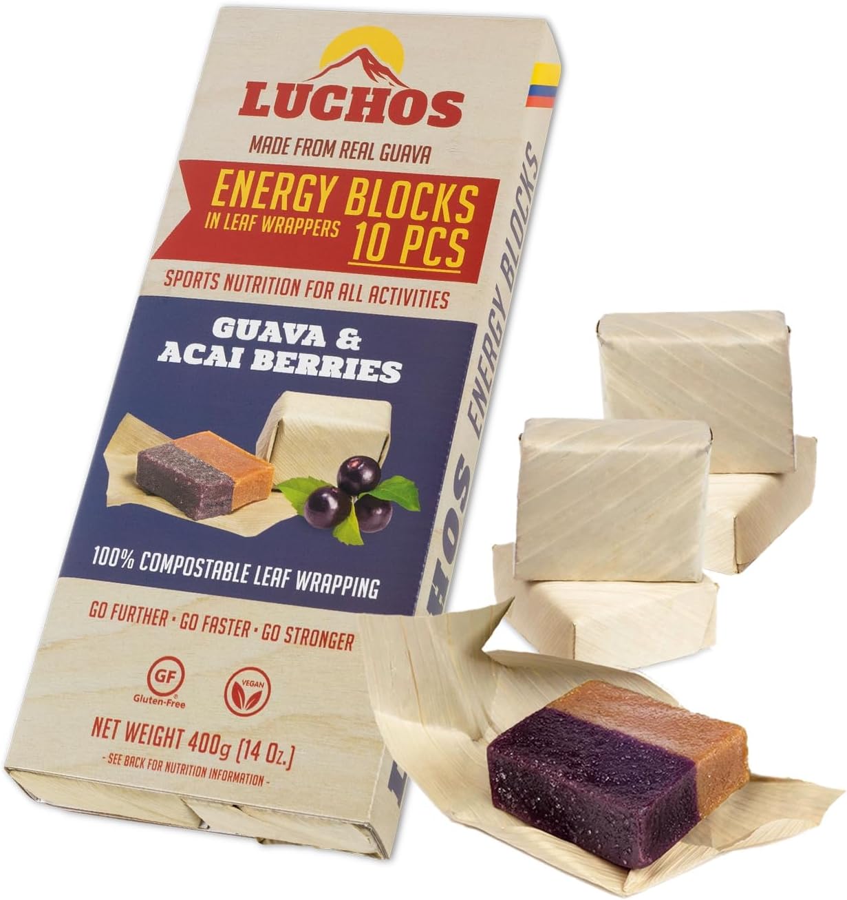 LUCHOS Natural Energy Bars Blocks for Running, Hiking, Cycling, Sports Nutrition, Healthy Snacks, High Carb, Protein, Vegan and Gluten Free, Guava and Acai Berry, 10 Pieces