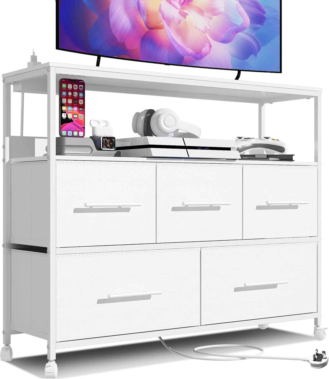 MIKIICOCO Chest of Drawers with Charging Station, Bedroom Dresser with 5 Fabric Drawers, TV Stand with Storage Shelf, 4 Castors and Metal Frame (White)
