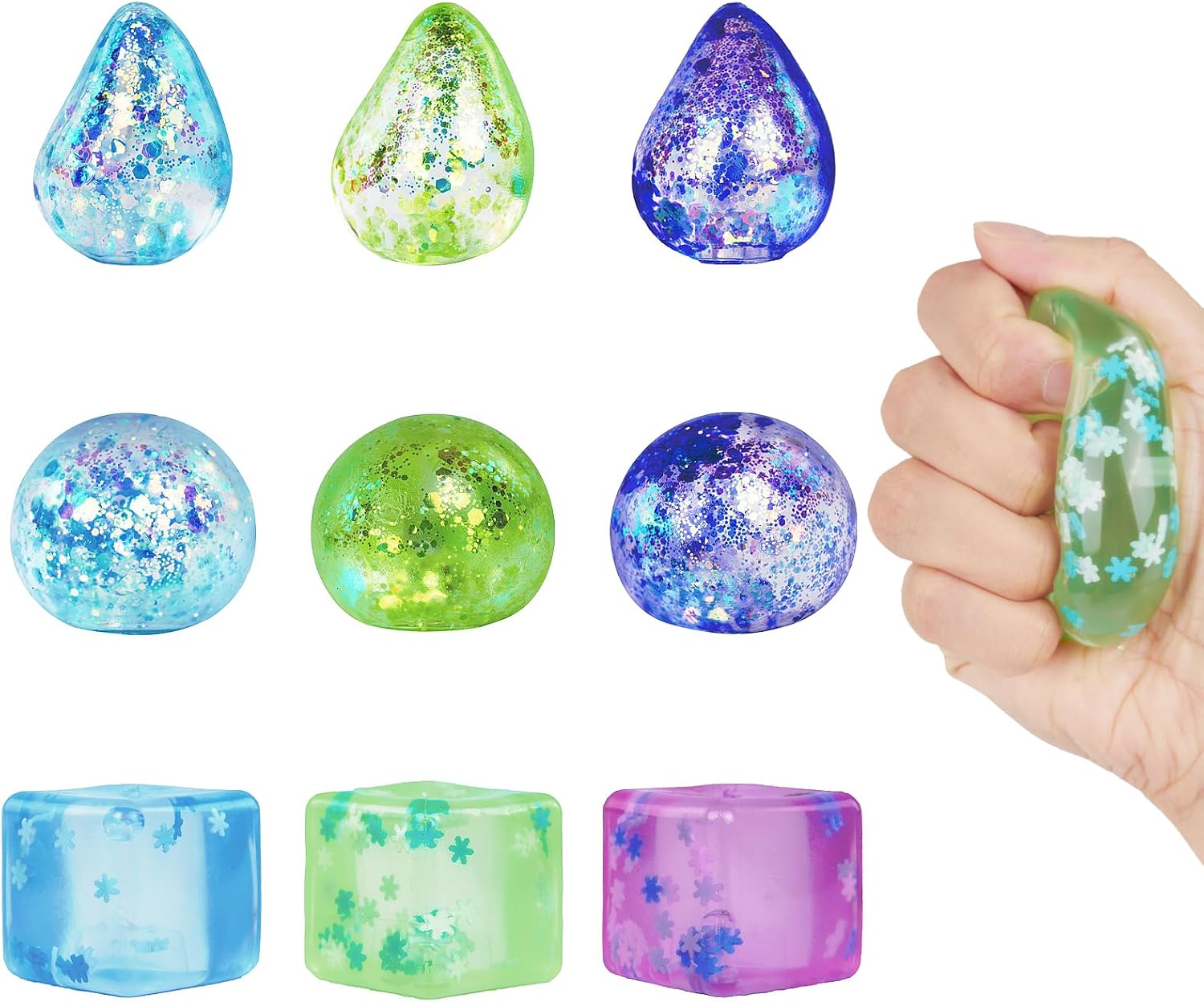 Sensory Stress Balls 9 Pack - Slow Rising Squishy Balls/Cubes/Drops for Anxiety Relief & Fidget Focus, Portable Desk Toys for Adults/Teens, Always Returns to its Shape,3 Colors