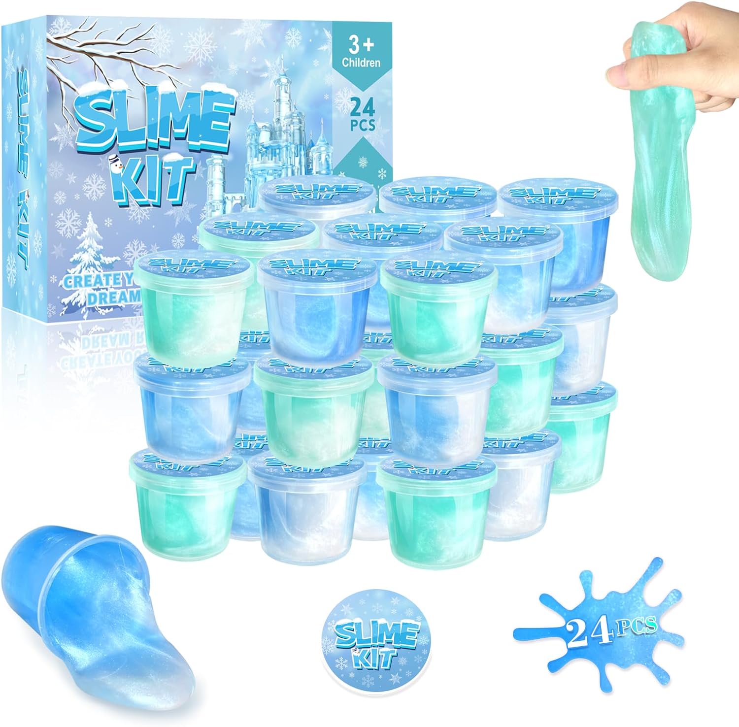 24 Pack Frozen Slime Party Favors for Kids Ice Slime Cup Snowflake Putty Toy Christmas Easter Birthday Goodie Bag Stuffer Classroom Reward for Girls Boys Stretchy Non-Sticky Stress Relief