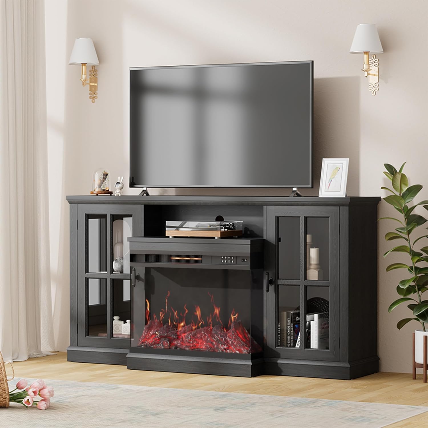 Furniwell Electric Fireplace TV Stand for TVs up to 65’’, Farmhouse Media Entertainment Center with 3-Sided Glass Fireplace, TV Console with Door Storage Cabinet for Living Room (Black)